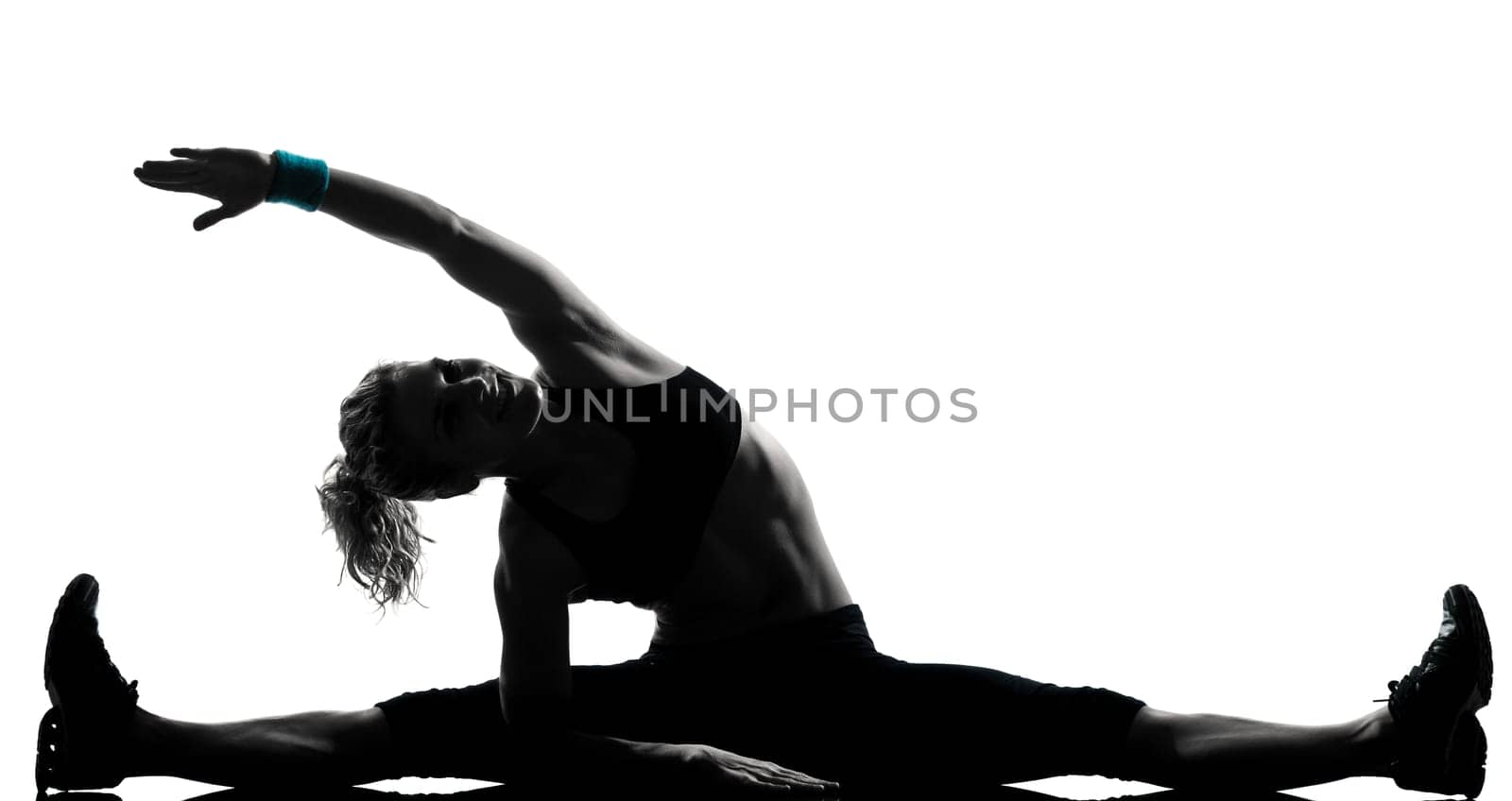 one woman exercising workout fitness aerobic exercise abdominals stretching posture on studio isolated white background