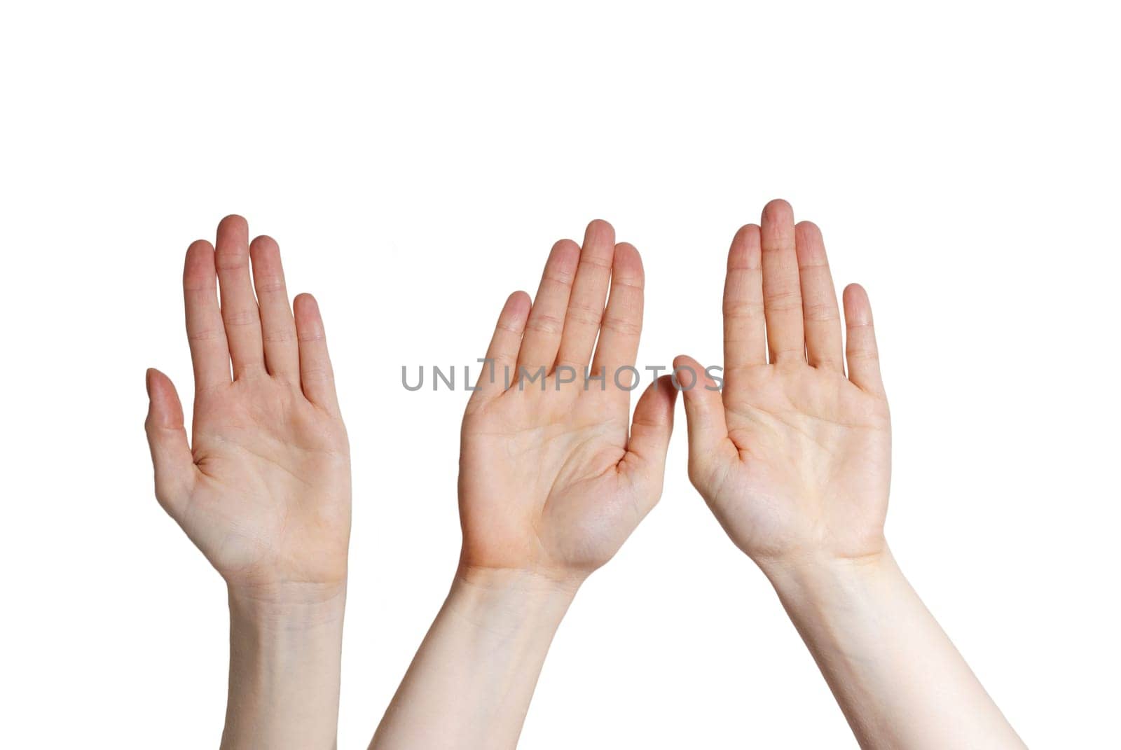 three hands holding up, isolated