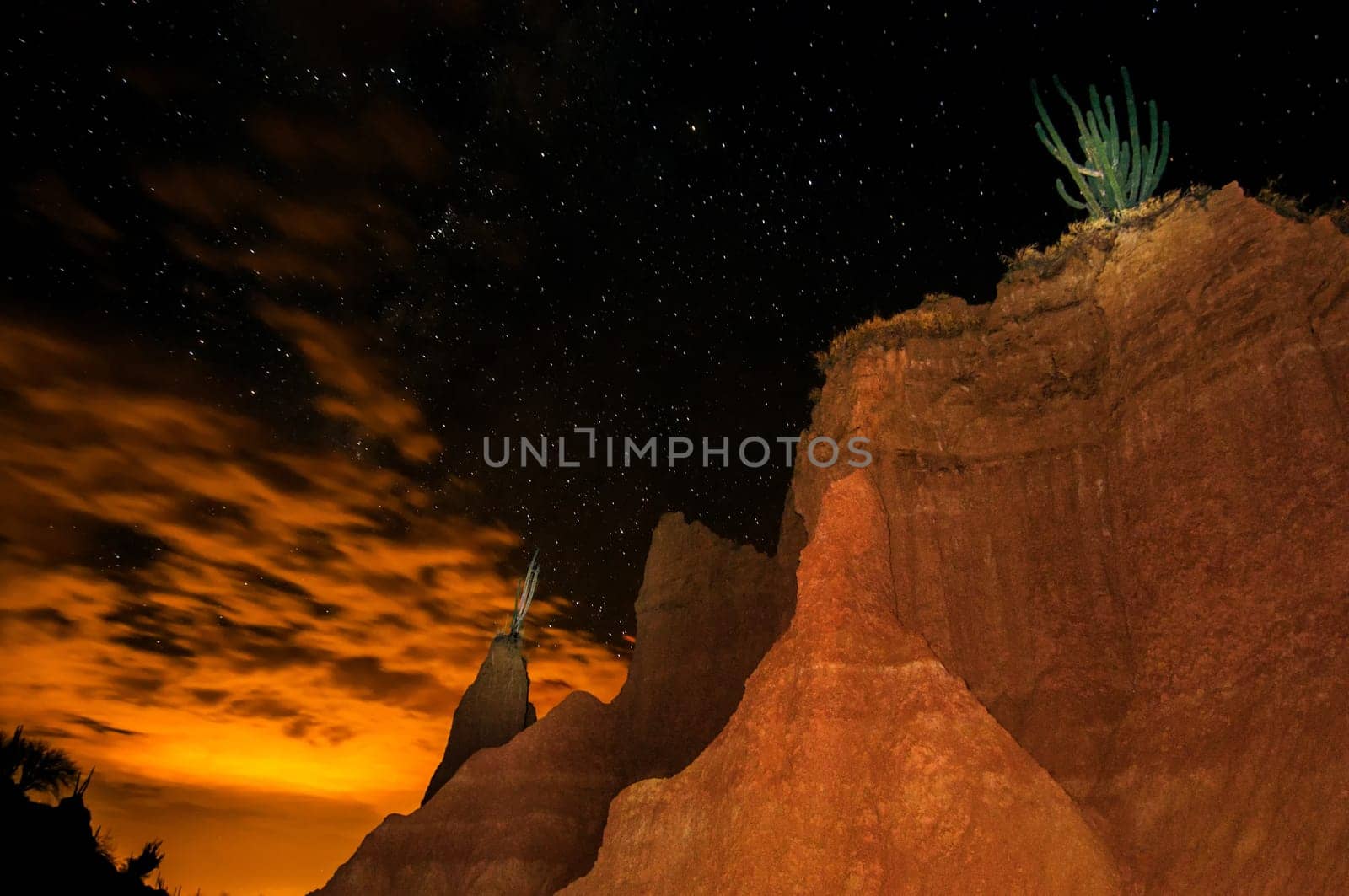 Dramatic view of Tatacoa desert at night in Huila, Colombia