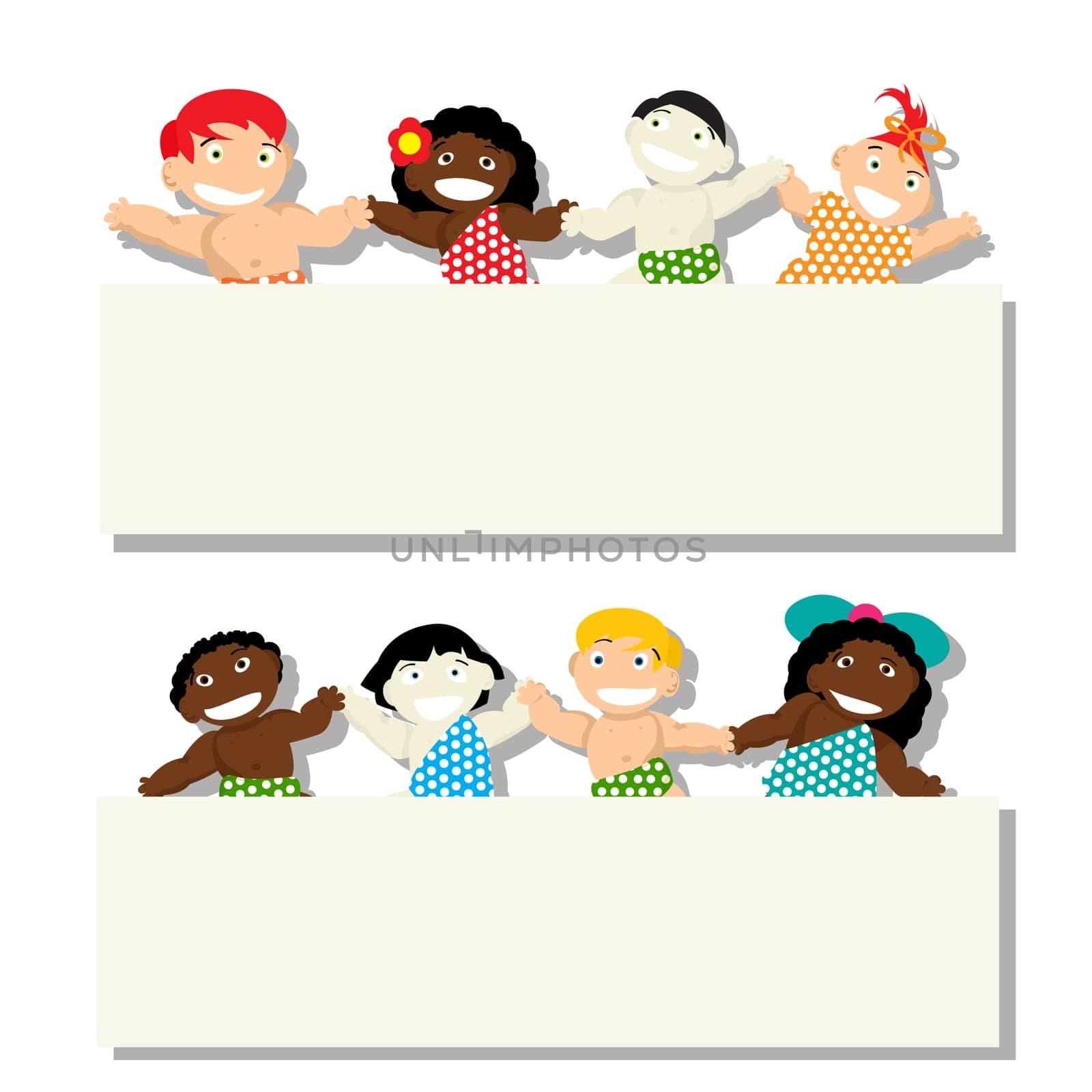 Babies of different ethnicity holding banner, isolated objects on white background