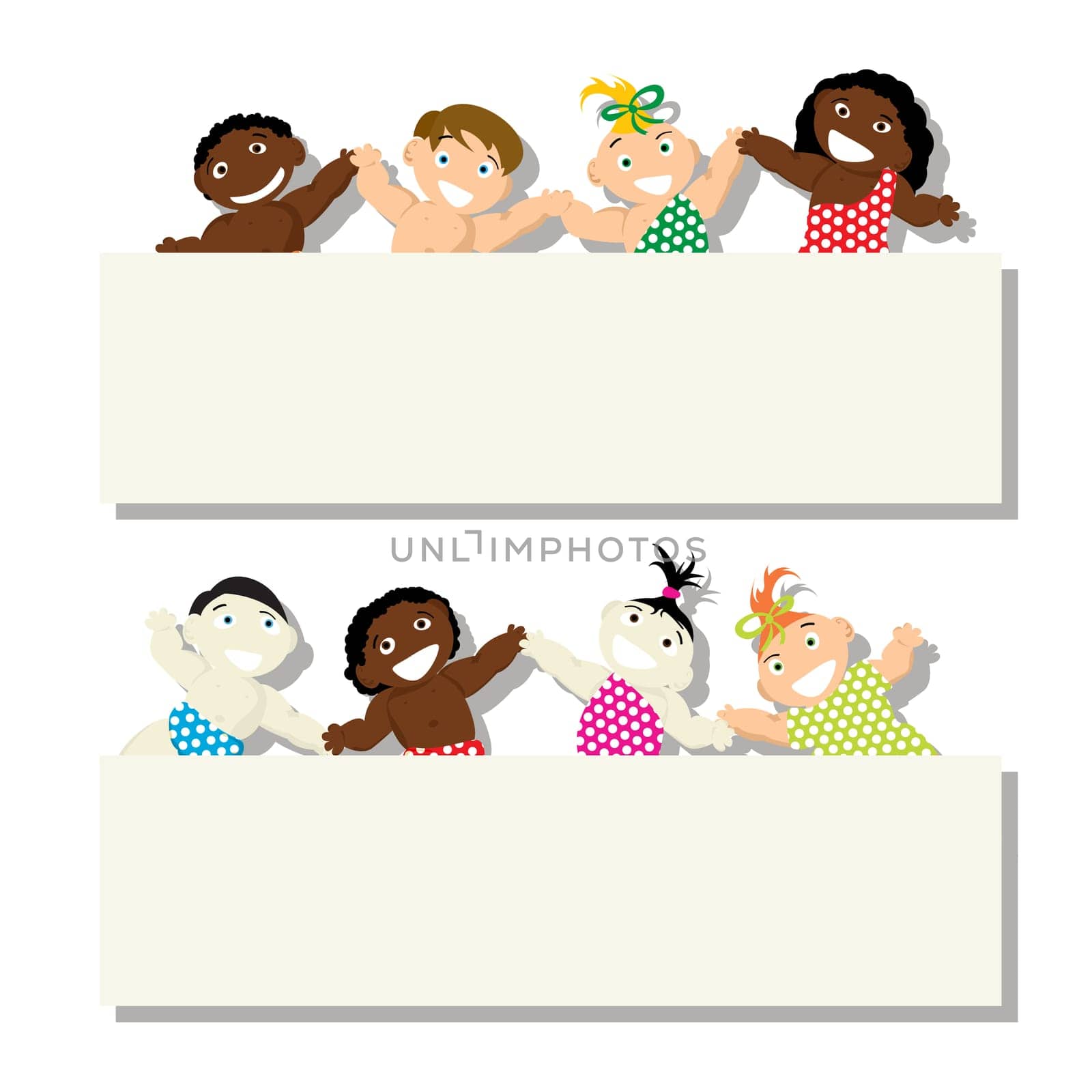 Set of babies of different ethnicity with banner, isolated objects on white background