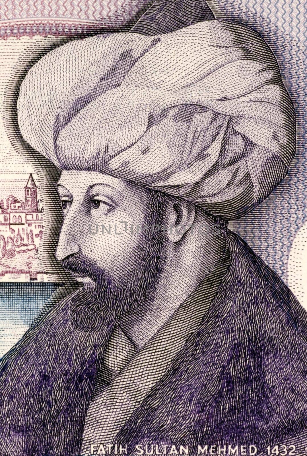 Mehmed the Conqueror (1432-1481) on 1000 Lira 1986 Banknote from Turkey. Sultan of the Ottoman Empire during 1444-1446 and 1451-1581.