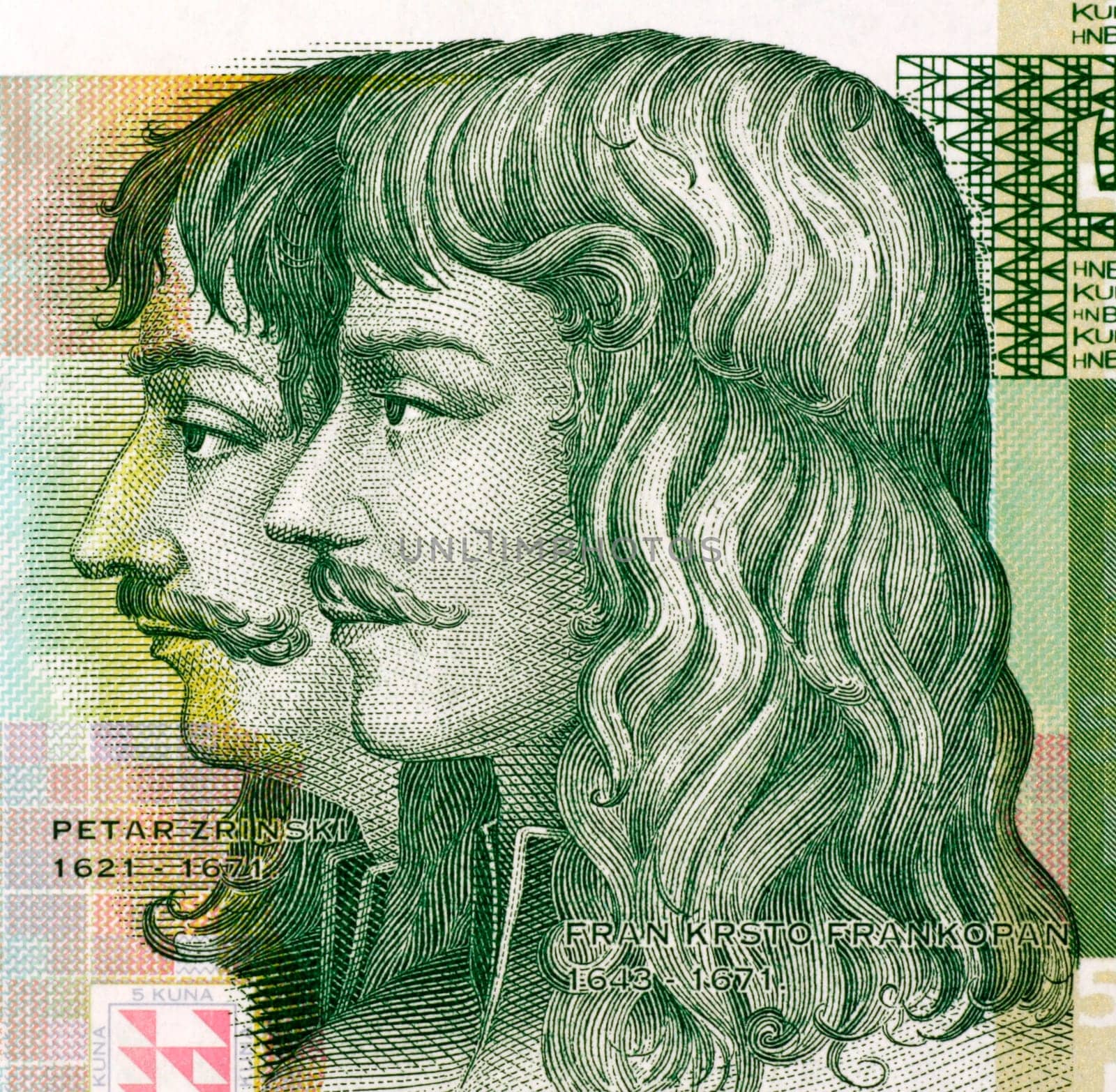 Petar Zrinski (1621-1671) and Fran Krsto Frankopan (1643-1771) on 5 Kuna 2001 Banknote from Croatia.  Attempted to throw off Habsburg and other foreign influences over Hungary and Croatia.