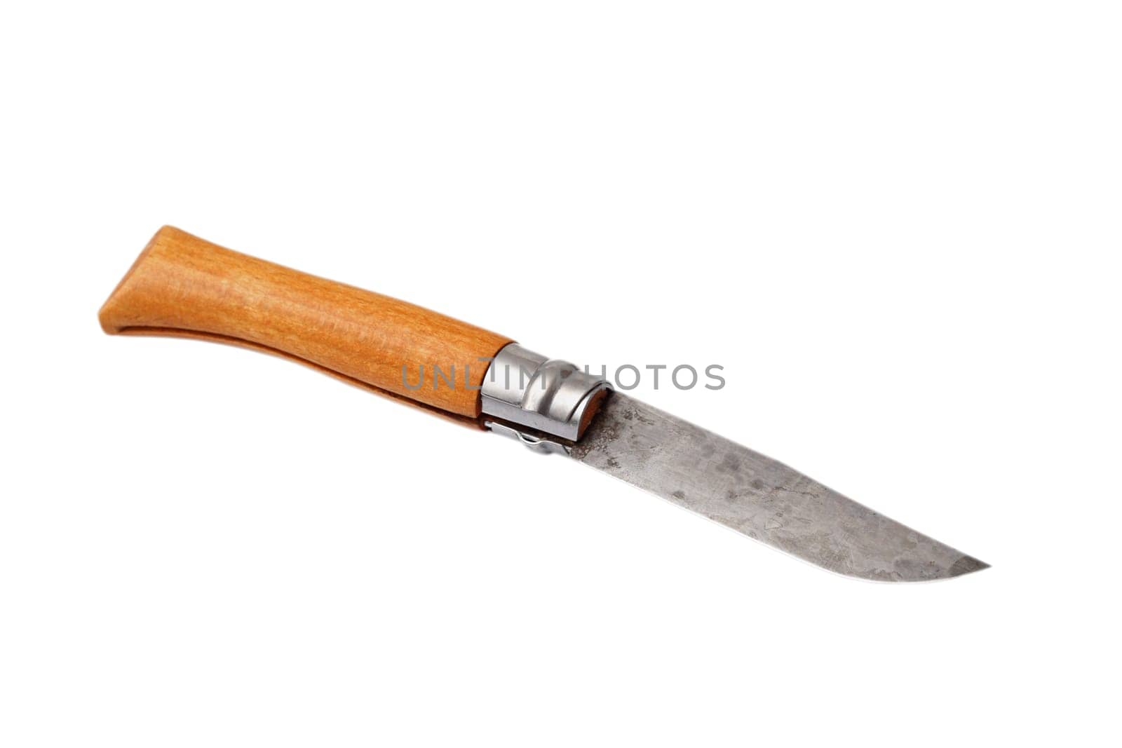 old rusty hunting knife with wooden haft isolated on white background