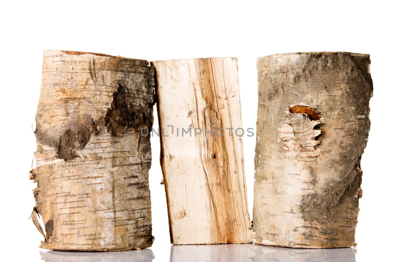 Cut log fire wood from birch-tree. Isolated on white.