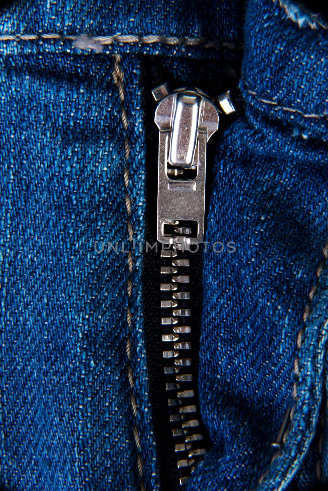 Blue jeans zip close up for background