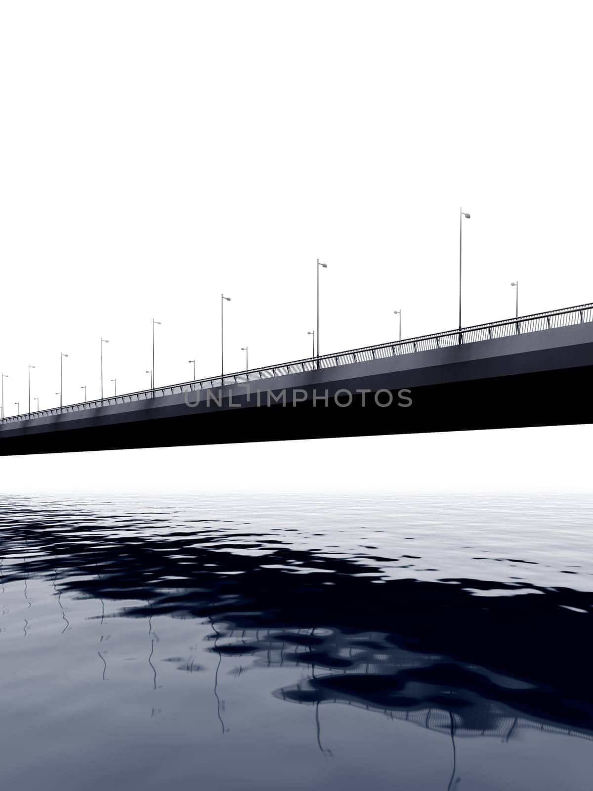 Illustration of a bridge spanning a foggy waterway