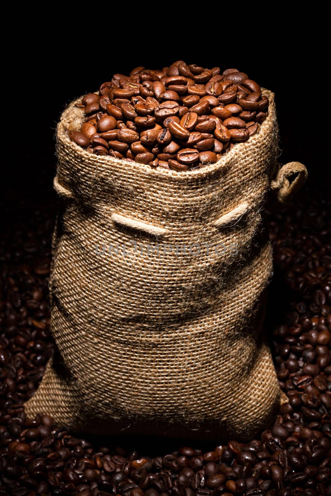 coffee sack in the middle of coffee beans