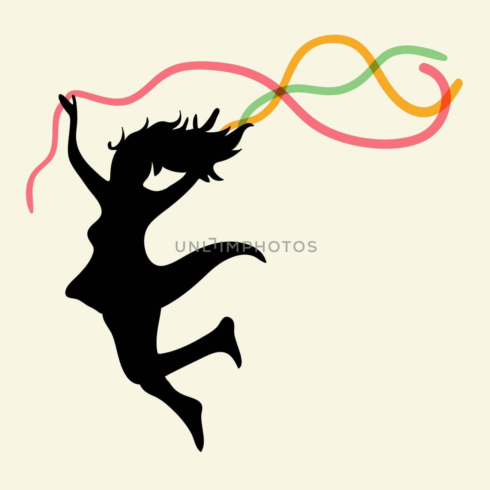 Happy dancing woman with ribbons. EPS10 file version. This illustration contains transparencies and is layered for easy manipulation and custom coloring