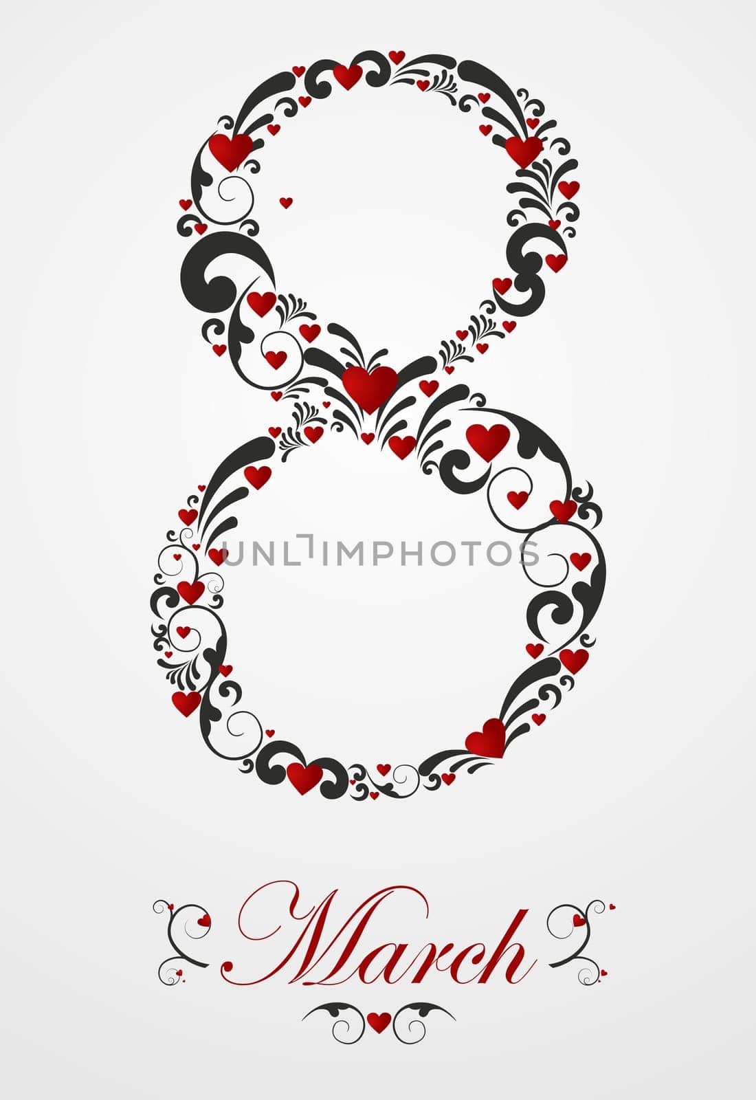 8 march Women's Day card with heart and floral swirls elements. Vector file layered for easy manipulation and coloring.