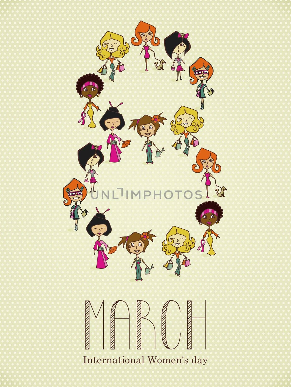 Different cultures women in 8 march Woman Day greeting card. Vector file layered for easy manipulation and coloring.