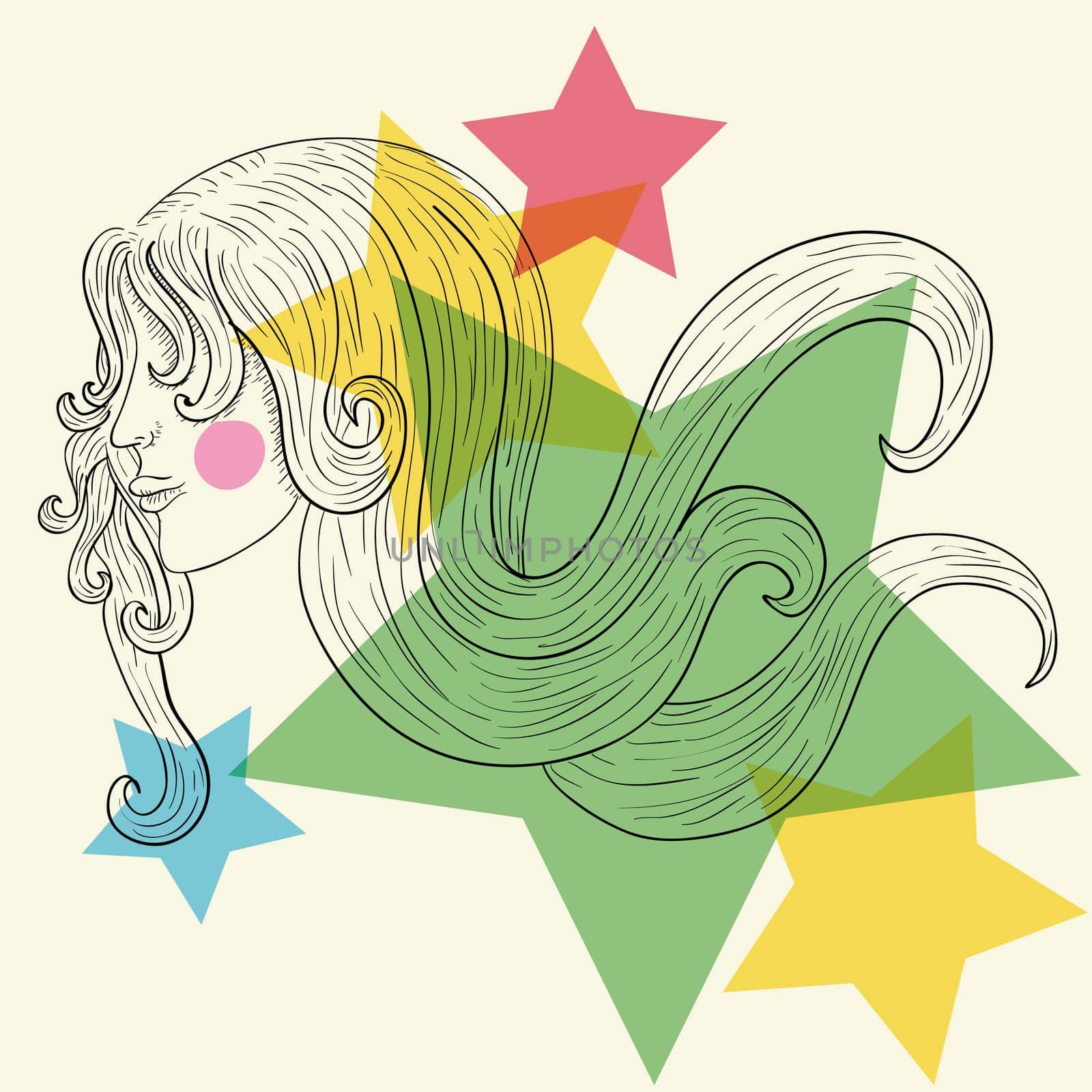 Hand drawn woman face sketch with transparent stars. EPS10 file version. This illustration contains transparencies and is layered for easy manipulation and custom coloring