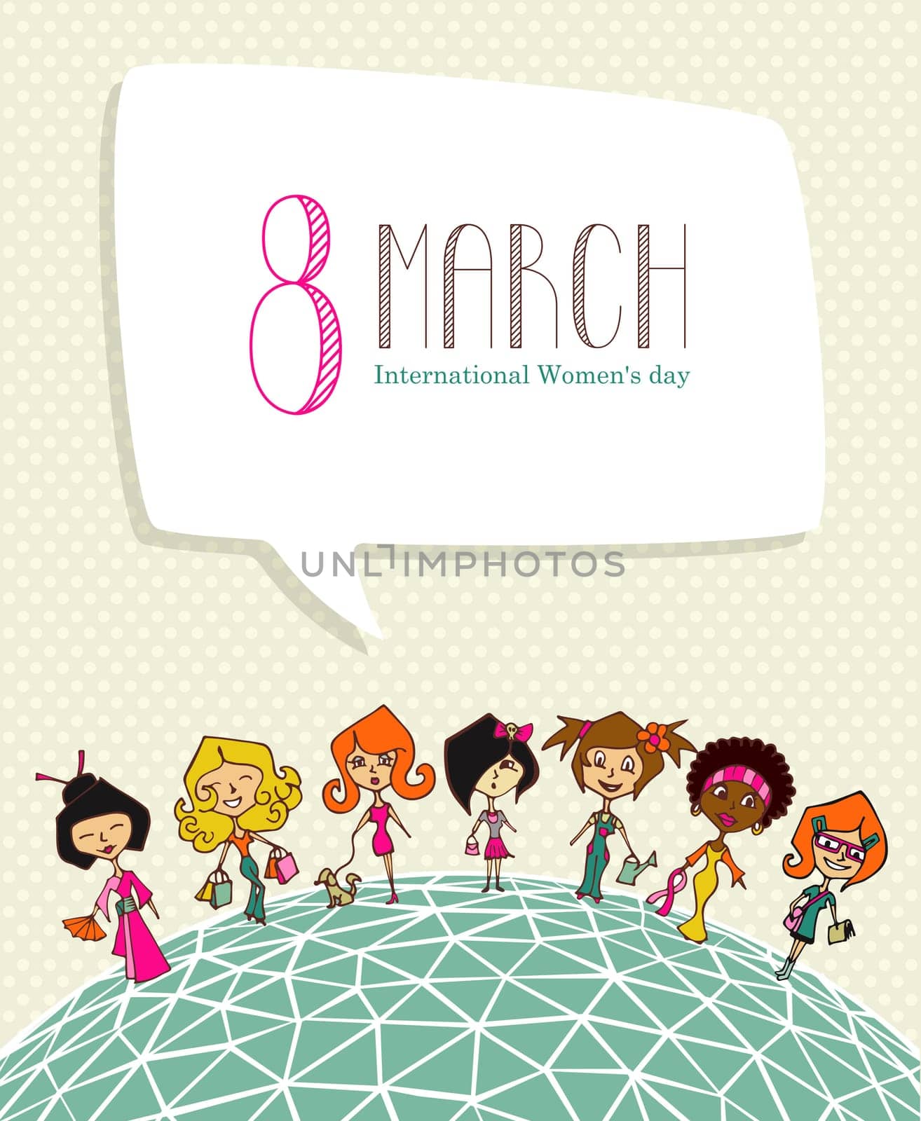 Different cultures women in 8 march Woman Day greeting card. Vector file layered for easy manipulation and coloring.