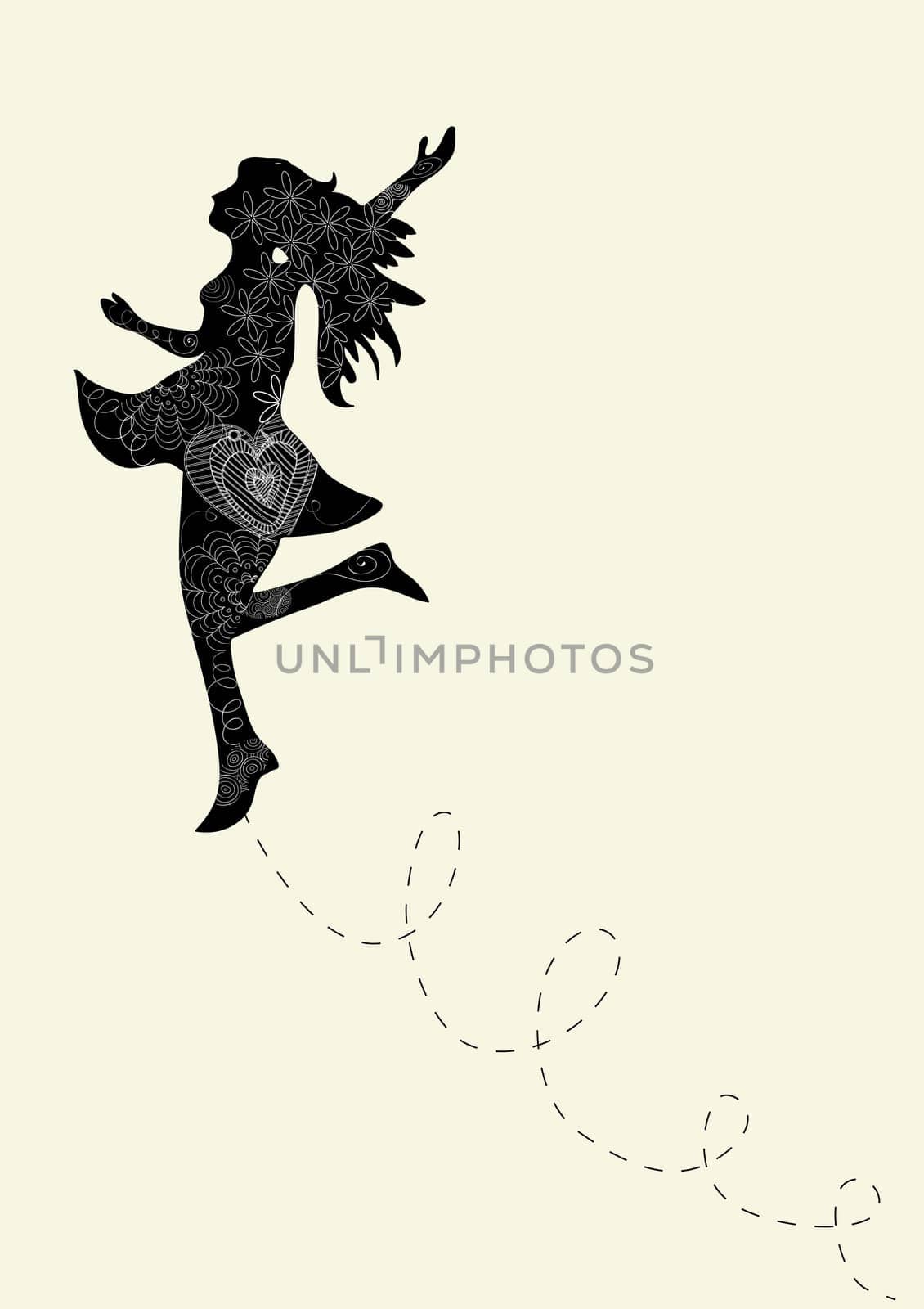 Happy dance woman with outline floral elements. Vector illustration layered for easy manipulation and custom coloring.