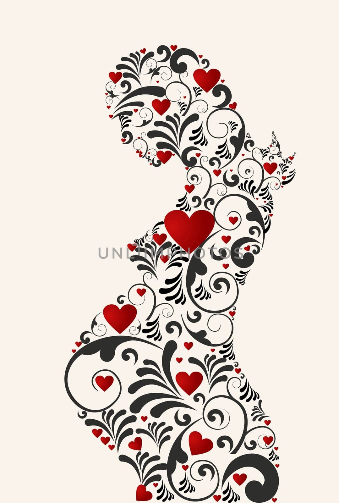Pregnant woman heart and floral swirls retro silhouette background. Vector file layered for easy manipulation and coloring.