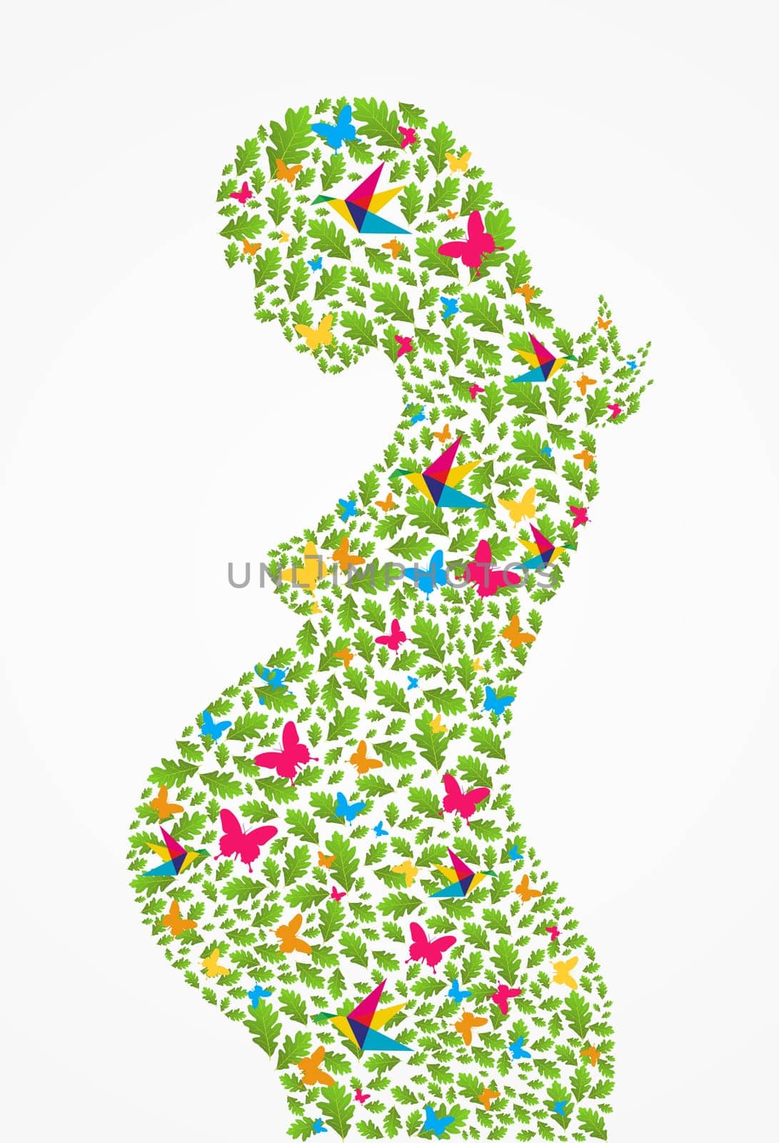 Green pregnant woman spring flowers silhouette background. Vector file layered for easy manipulation and coloring.
