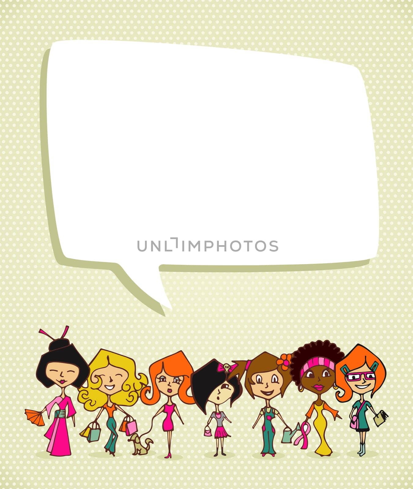 Different cultures women in 8 march Woman Day greeting card. Vector file layered for easy manipulation and coloring.