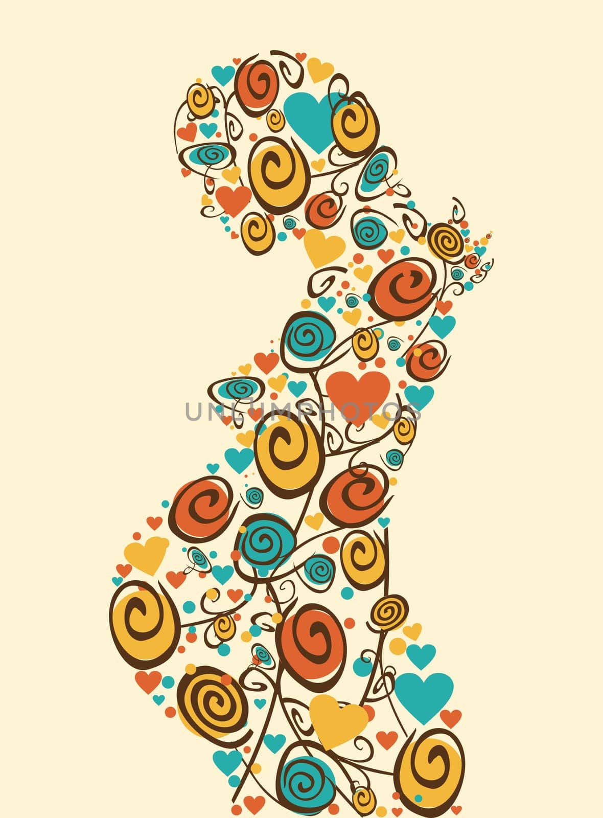 Spring pregnant woman flowers and hearts silhouette background. Vector file layered for easy manipulation and coloring.