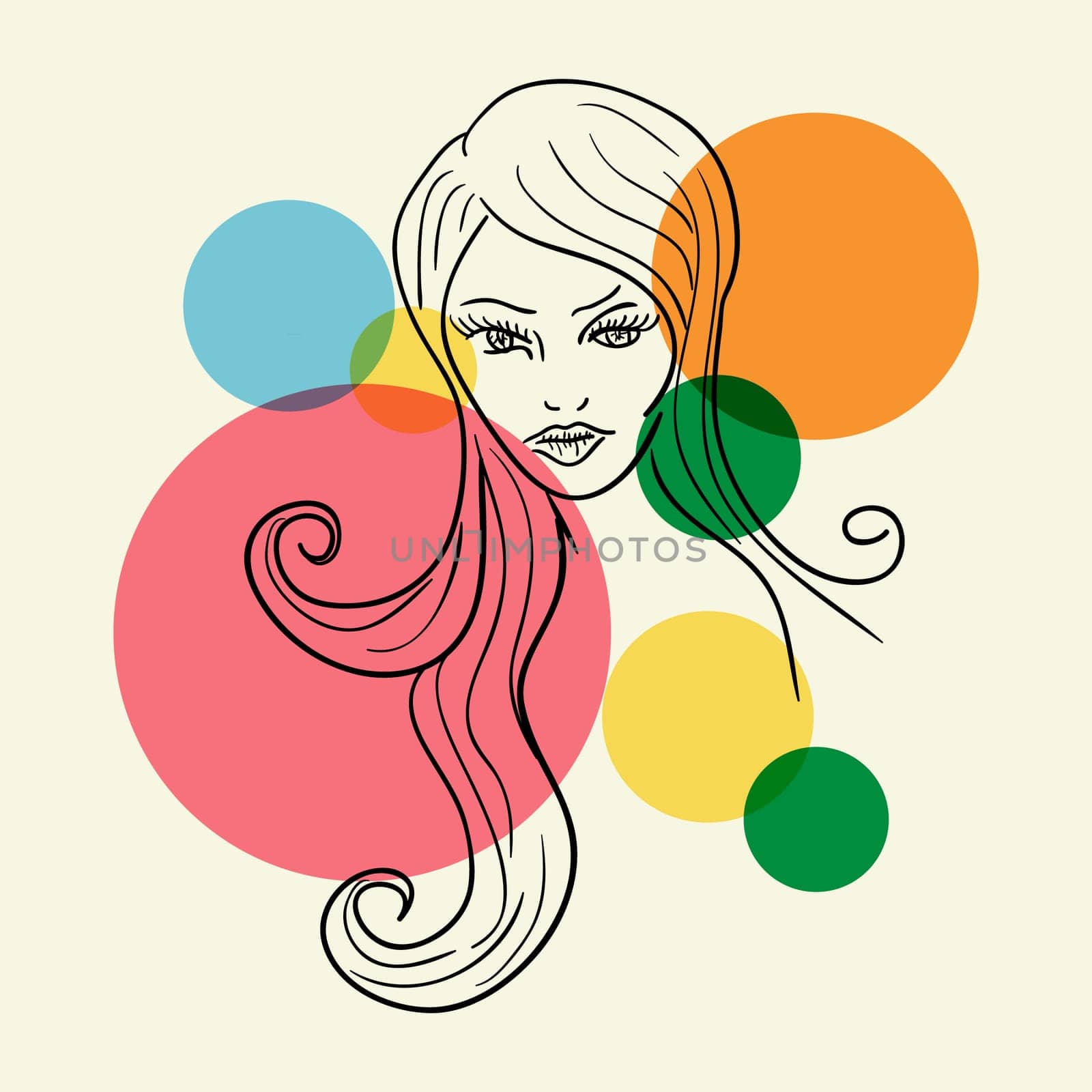 Long hair Woman profile sketch with transparent bubbles. EPS10 file version. This illustration contains transparencies and is layered for easy manipulation and custom coloring