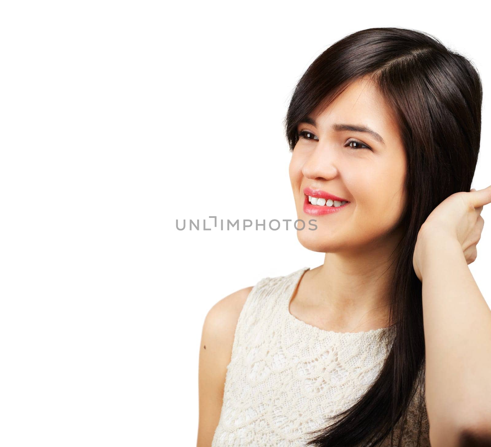 Closeup of a pretty young asian woman with wide smile isolated on white background - copyspace