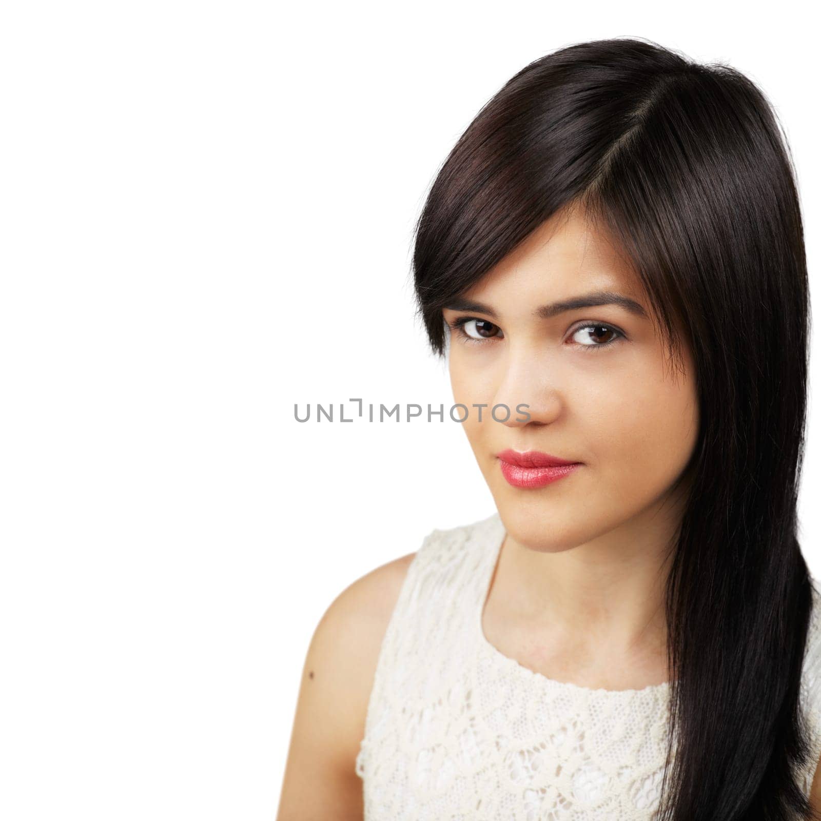 Closeup of a pretty young asian woman with wide smile isolated on white background - copyspace