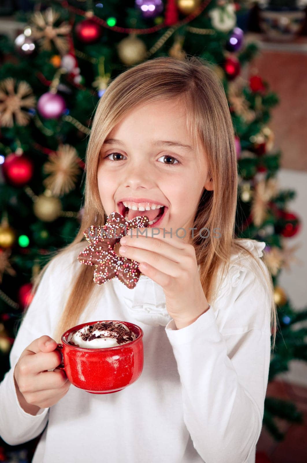 Cute little girl enjoying in christmas cookie and hot chocolate