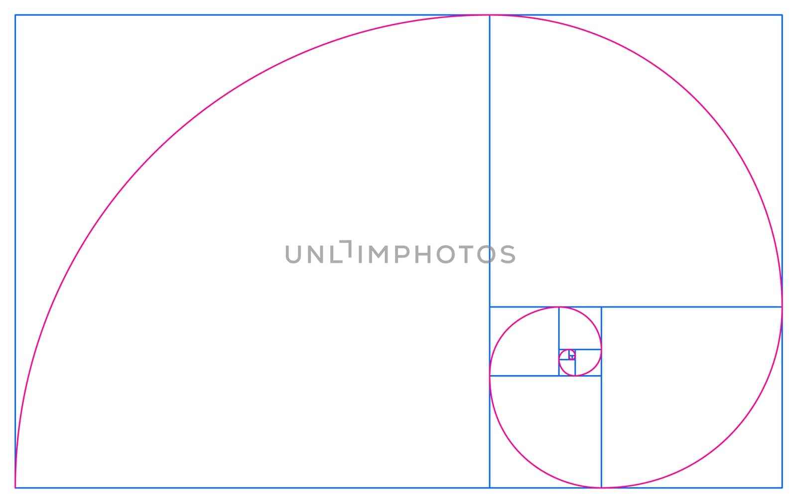 Fibonacci Spiral in Golden Ratio - Blue Red on White