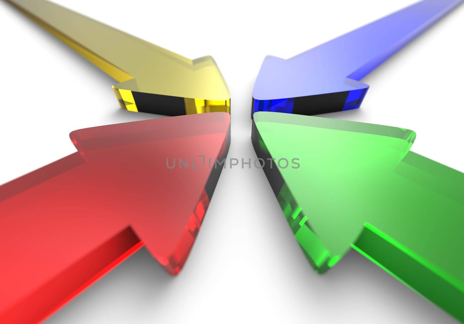 Four colorful 3D arrows made of glass to the center 1