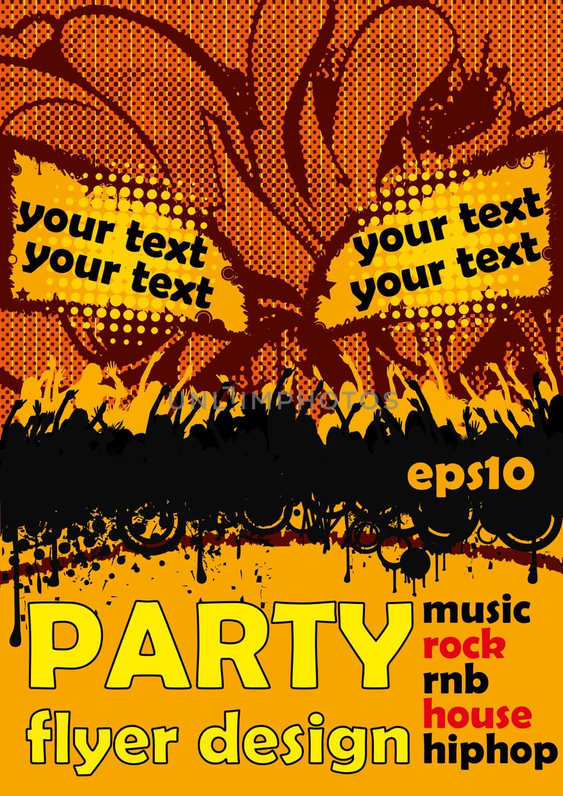 Flyer party design with orange colors and party people.