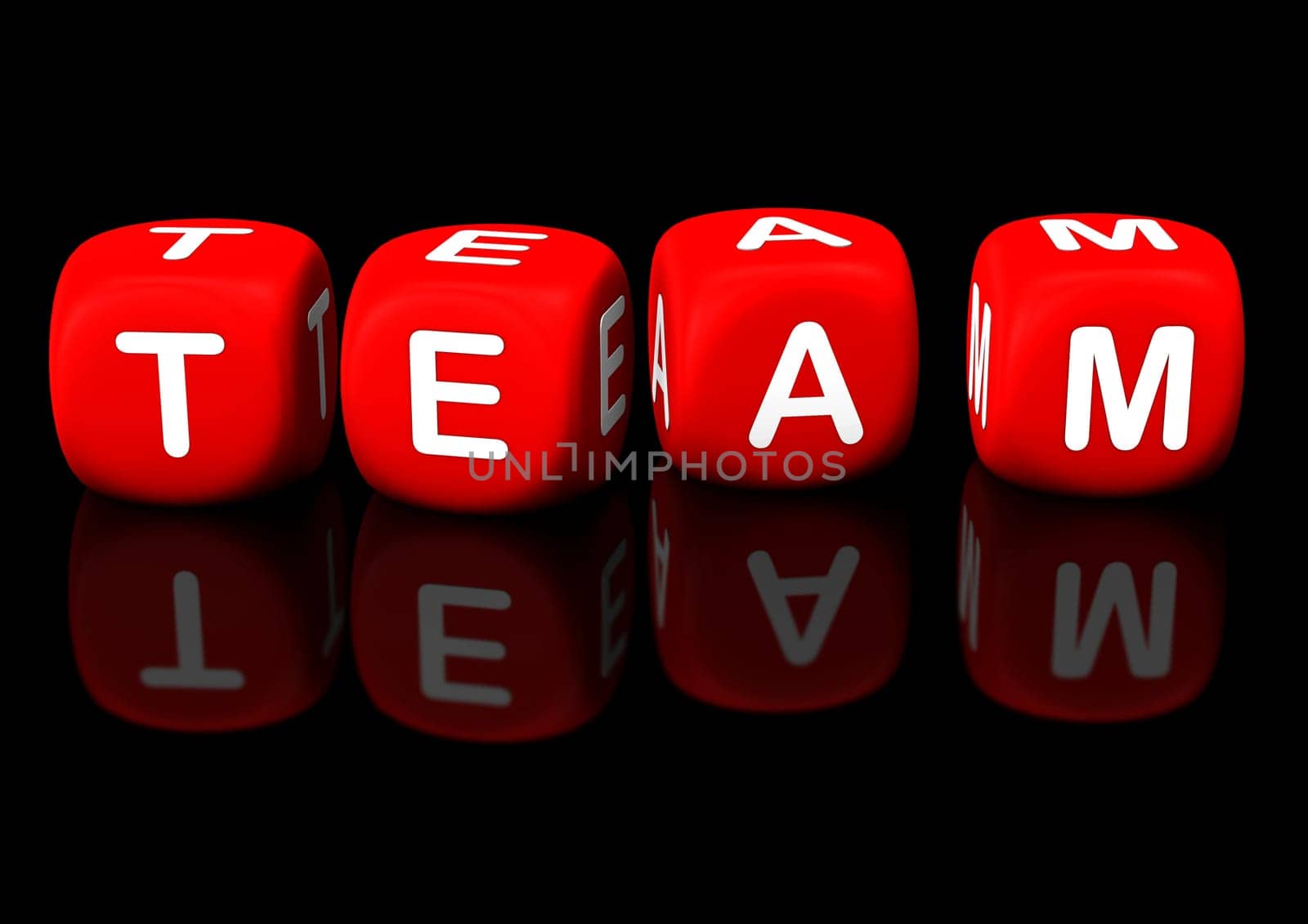 Red cubes with the text "team"". Black background."