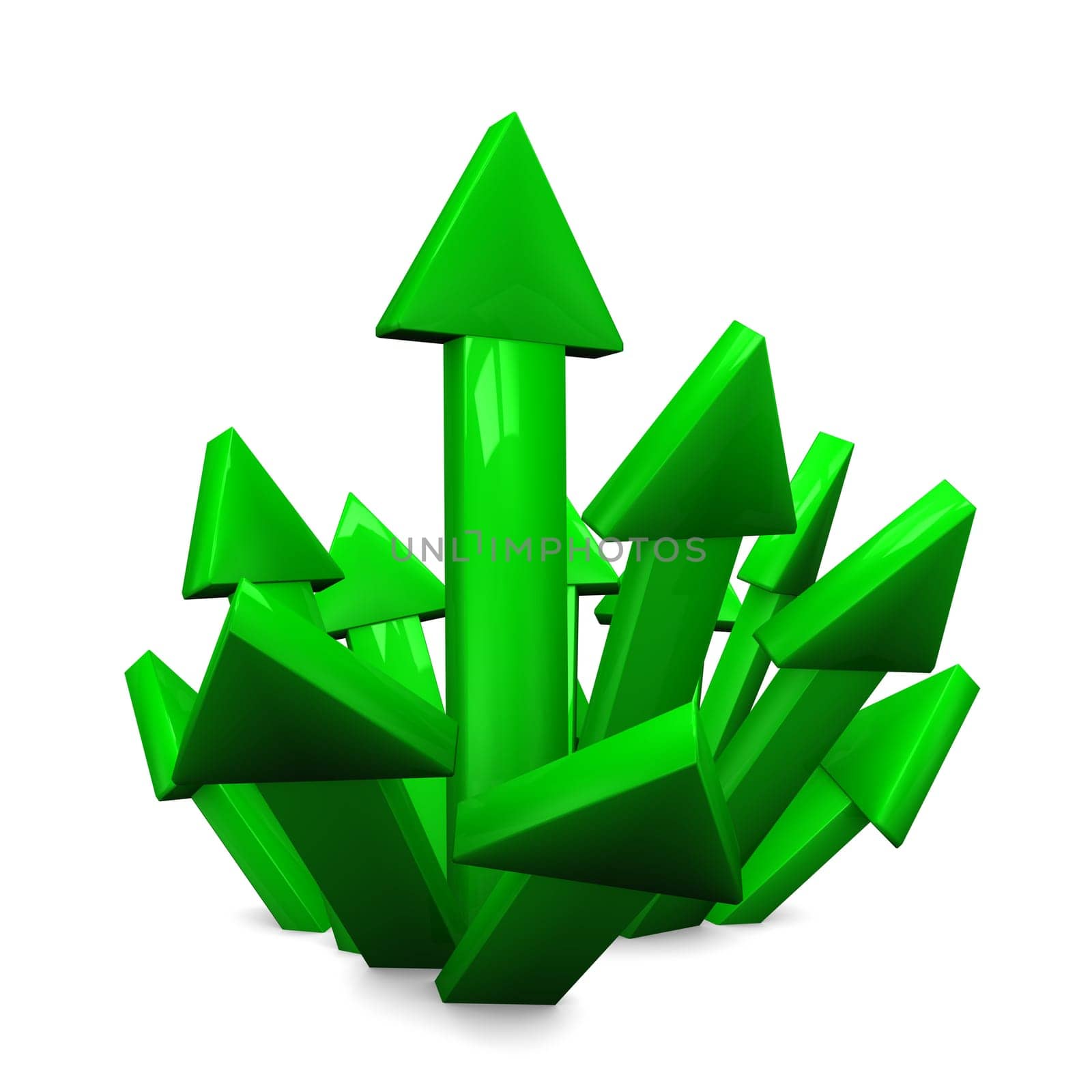 A lot of green arrows on th white background.