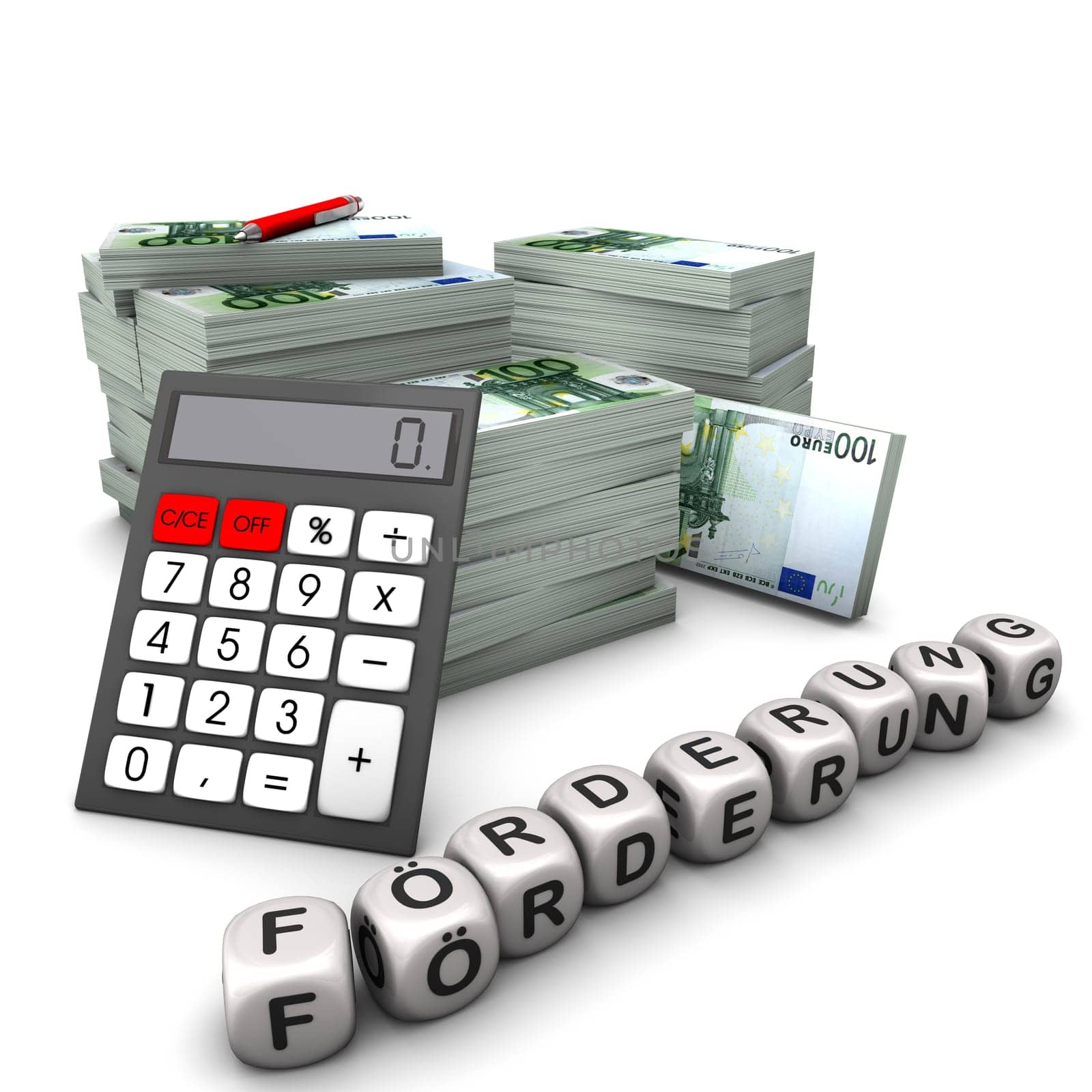 Euro bills with a calculator and dice with the text "Federation"". White background."