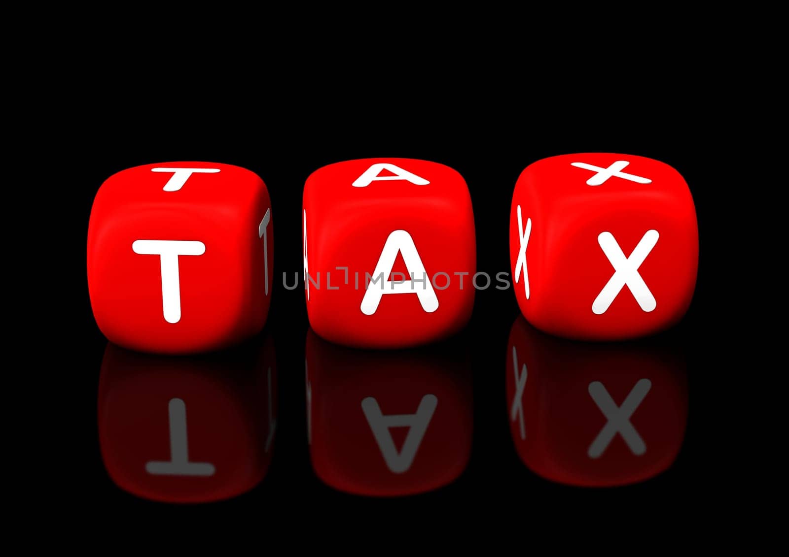 Red cubes with the text "tax"". Black background."