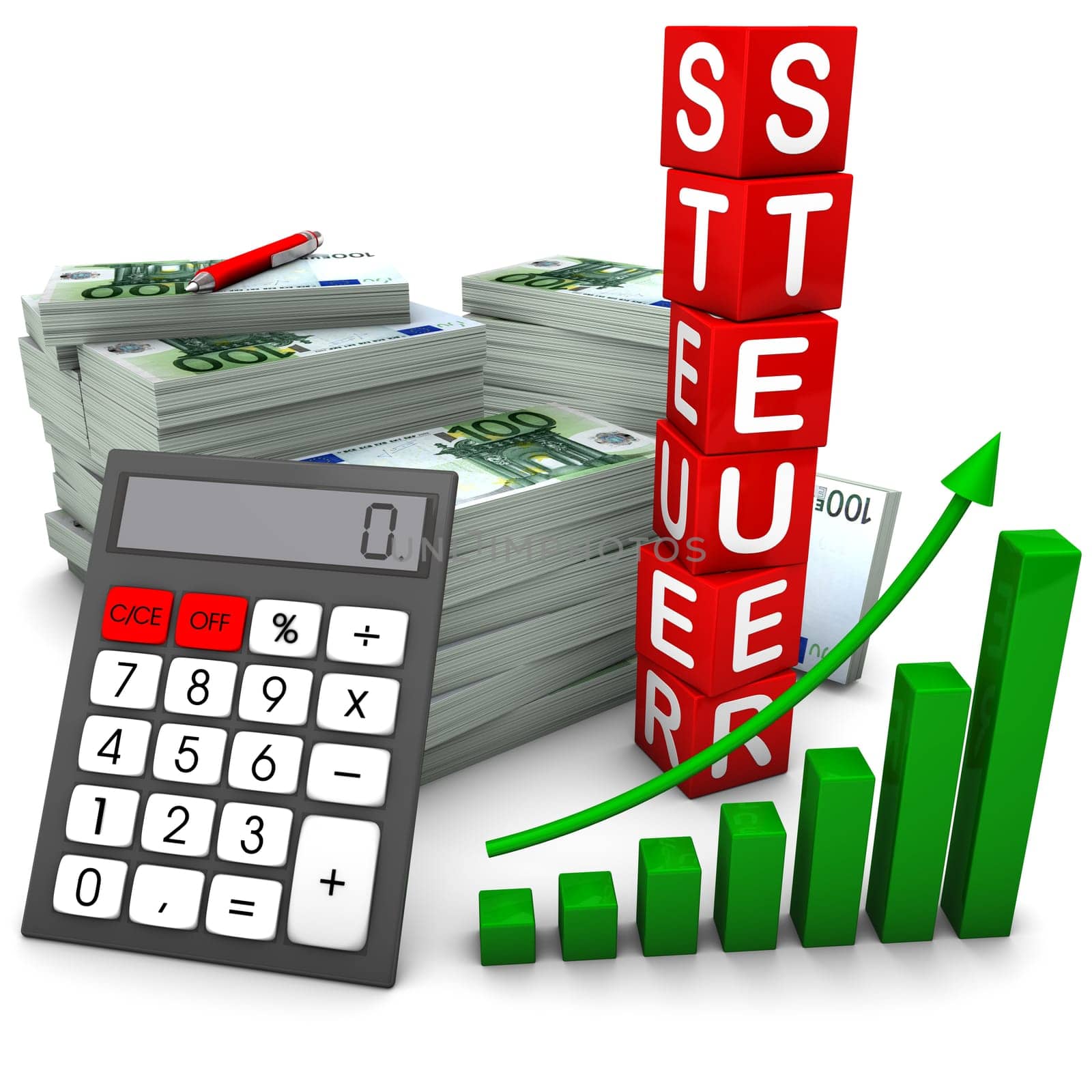 Euro bills with a calculator,green chart and dice with the text "Tax"". White background."