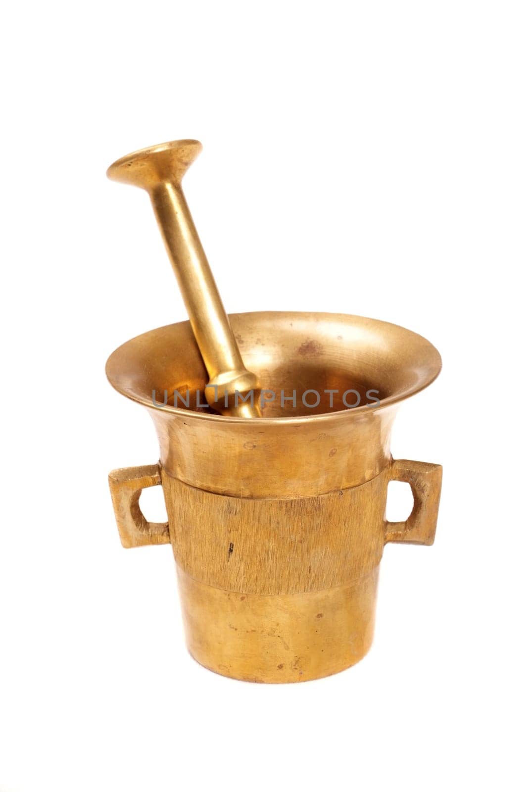 Metallic mortar with a pestle isolated on white