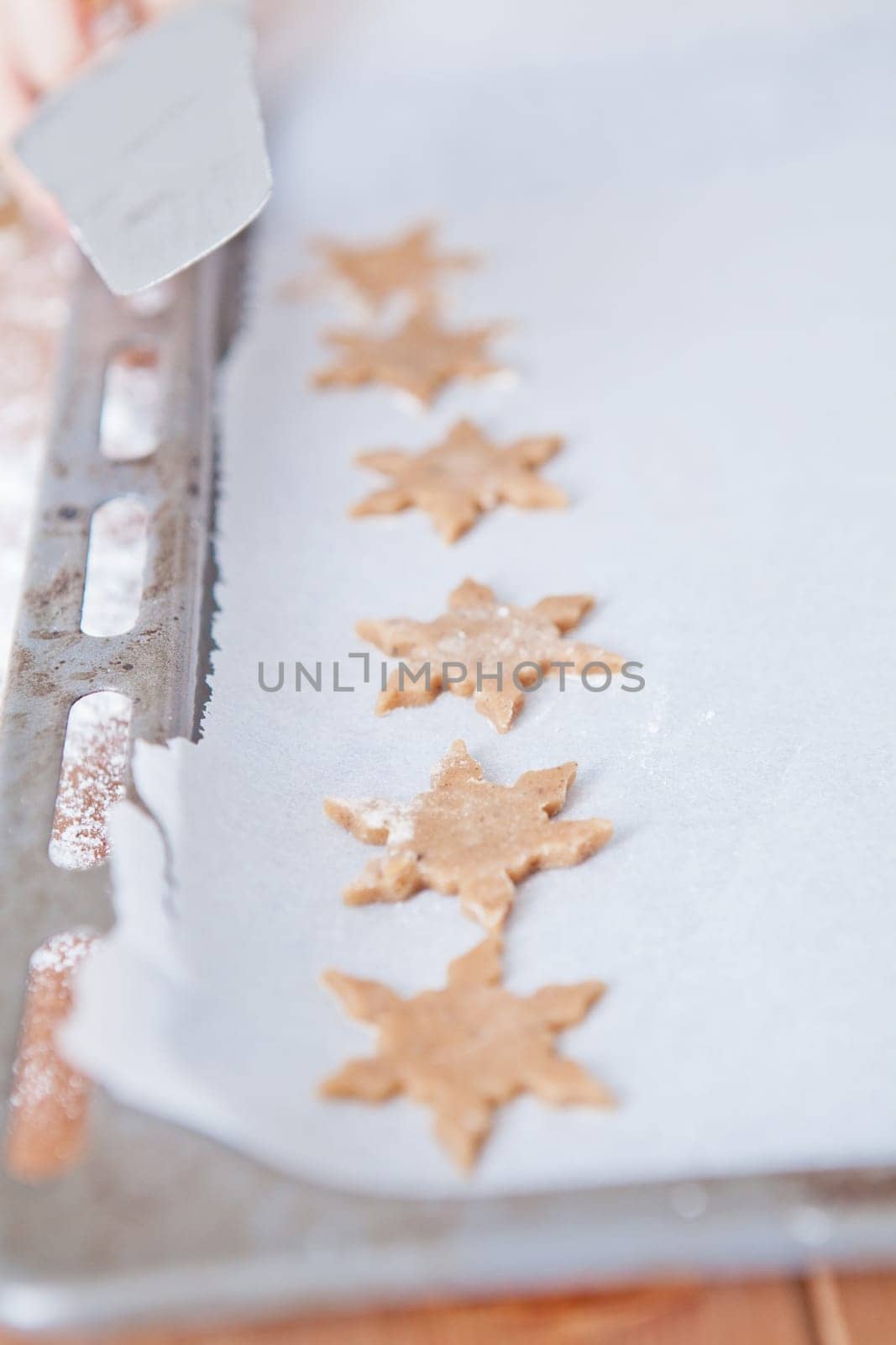 Closeup of row of star shaped gingerbread dough pieces on baking paper