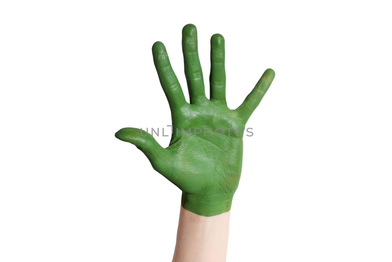 a green painted hand isolated, symbolizing nature and environment