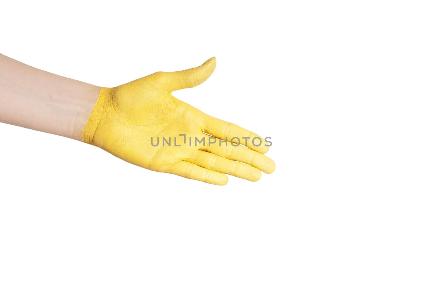 a yellow painted hand in handshake gesture