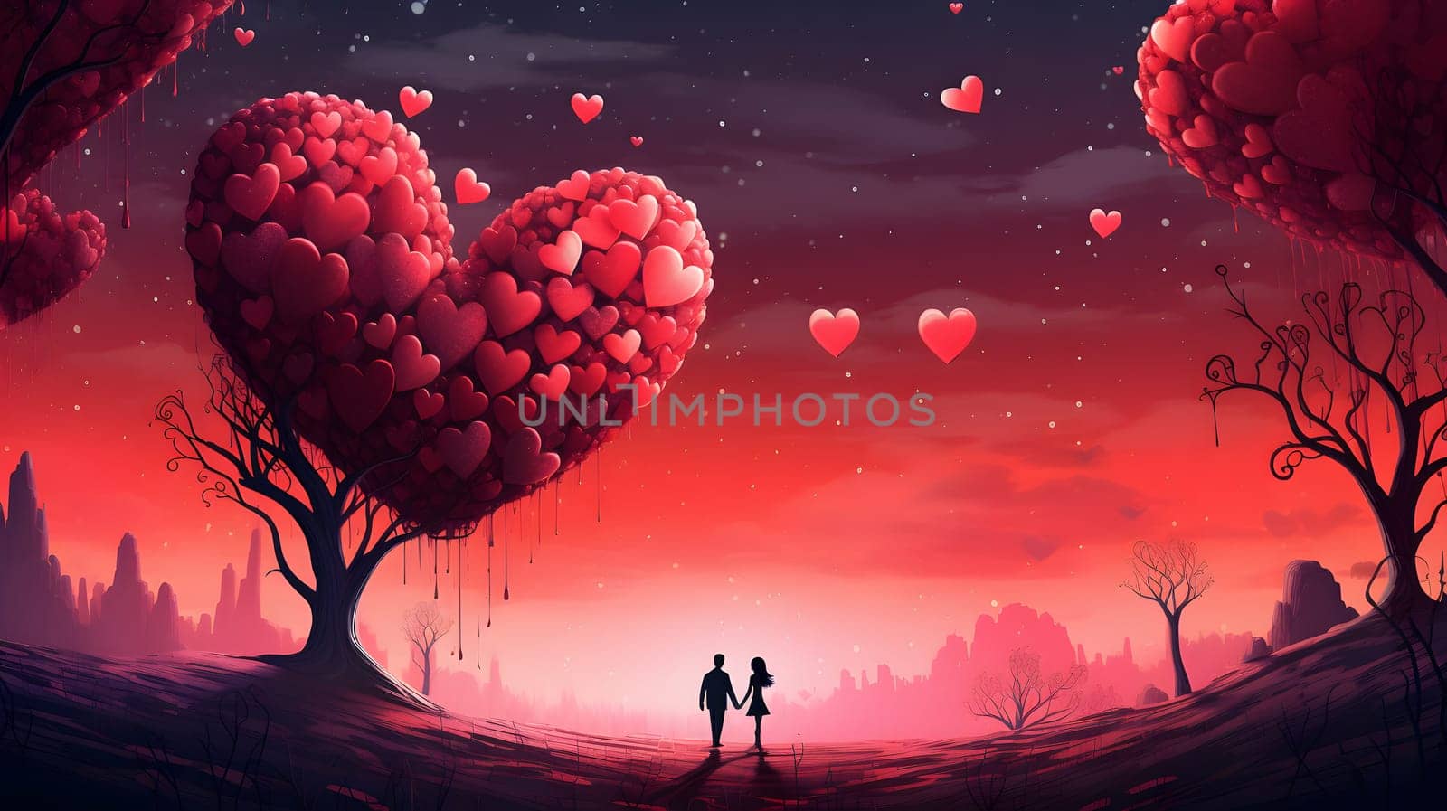 valentines day background - silhouette of couple in love among trees with hearts as leaves, neural network generated image by z1b
