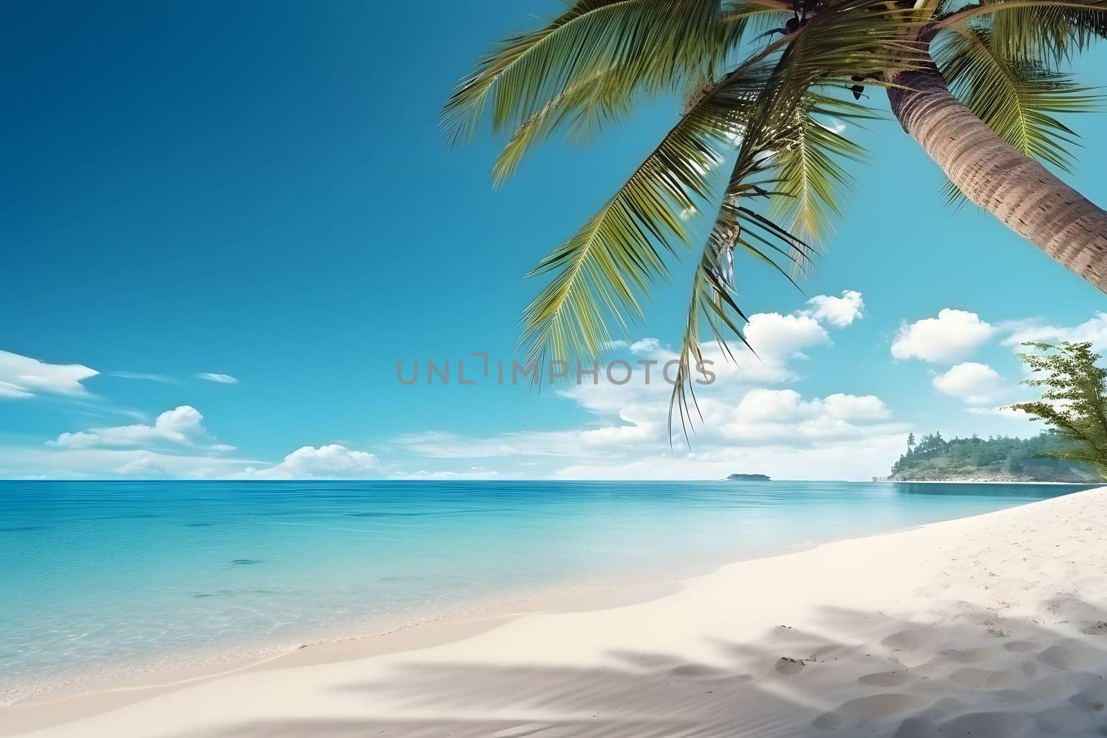 tropical beach view at sunny day with white sand, turquoise water and palm tree. Neural network generated image. Not based on any actual scene or pattern.