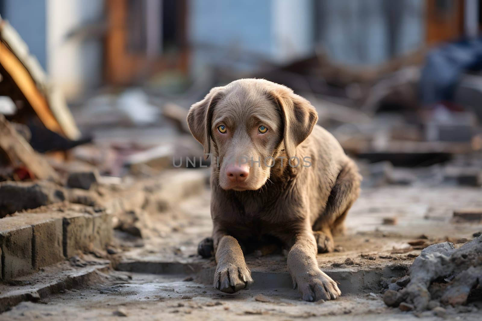 Alone wet and dirty Labrador Retriever after disaster on the background of house rubble. Neural network generated image. Not based on any actual scene.