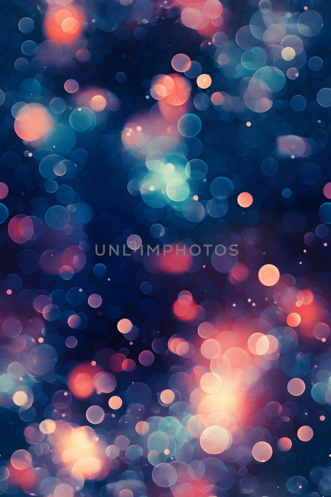 Abstract seamless texture, background and wallpaper of bokeh circles, flying microscopic dust particles in contrast color scheme. Neural network generated. Not based on any actual scene or pattern.