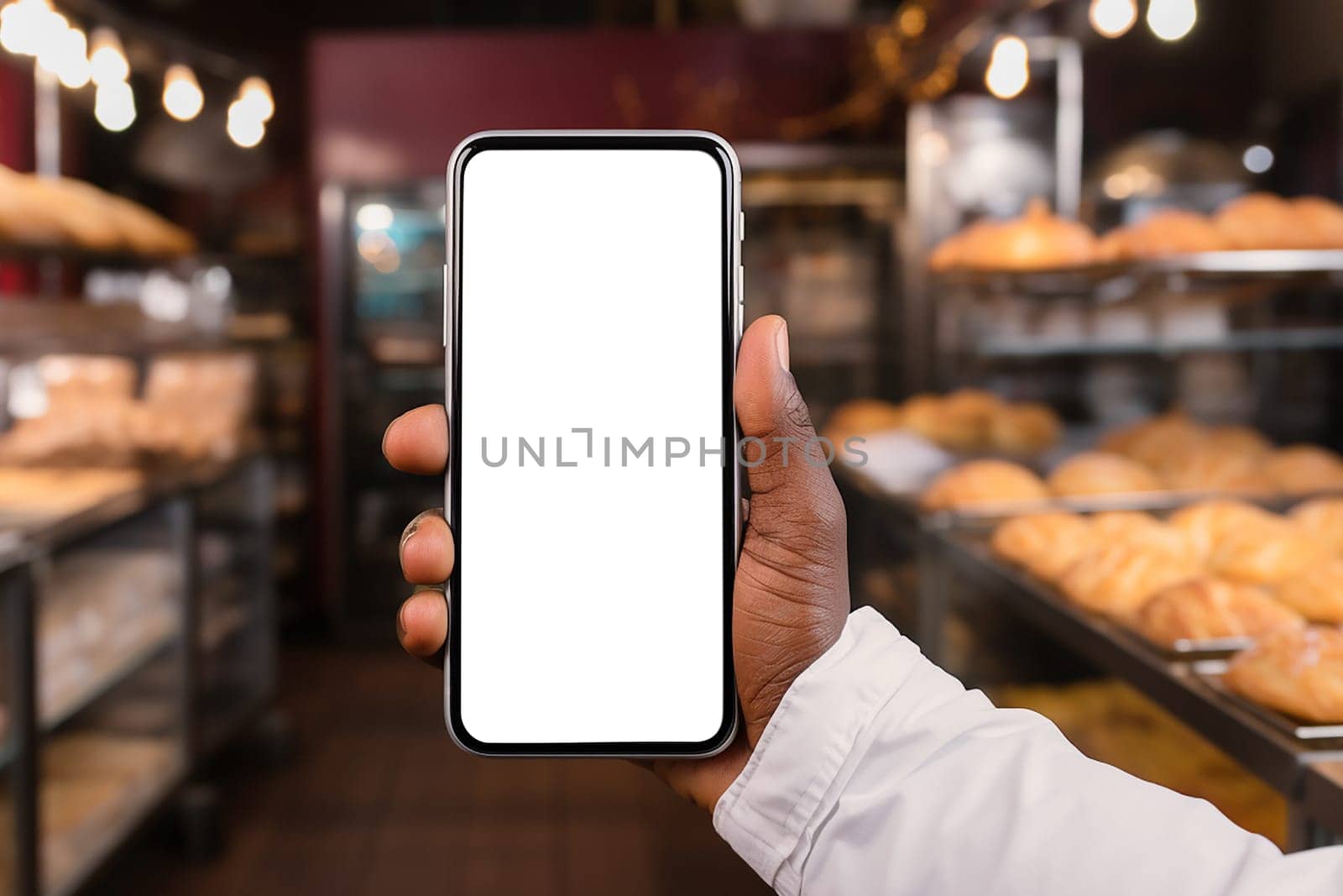 Black Male Hand Holding Smartphone with Blank White Screen Mockup in Bakery Shop Advertising Concept by PhotoTime