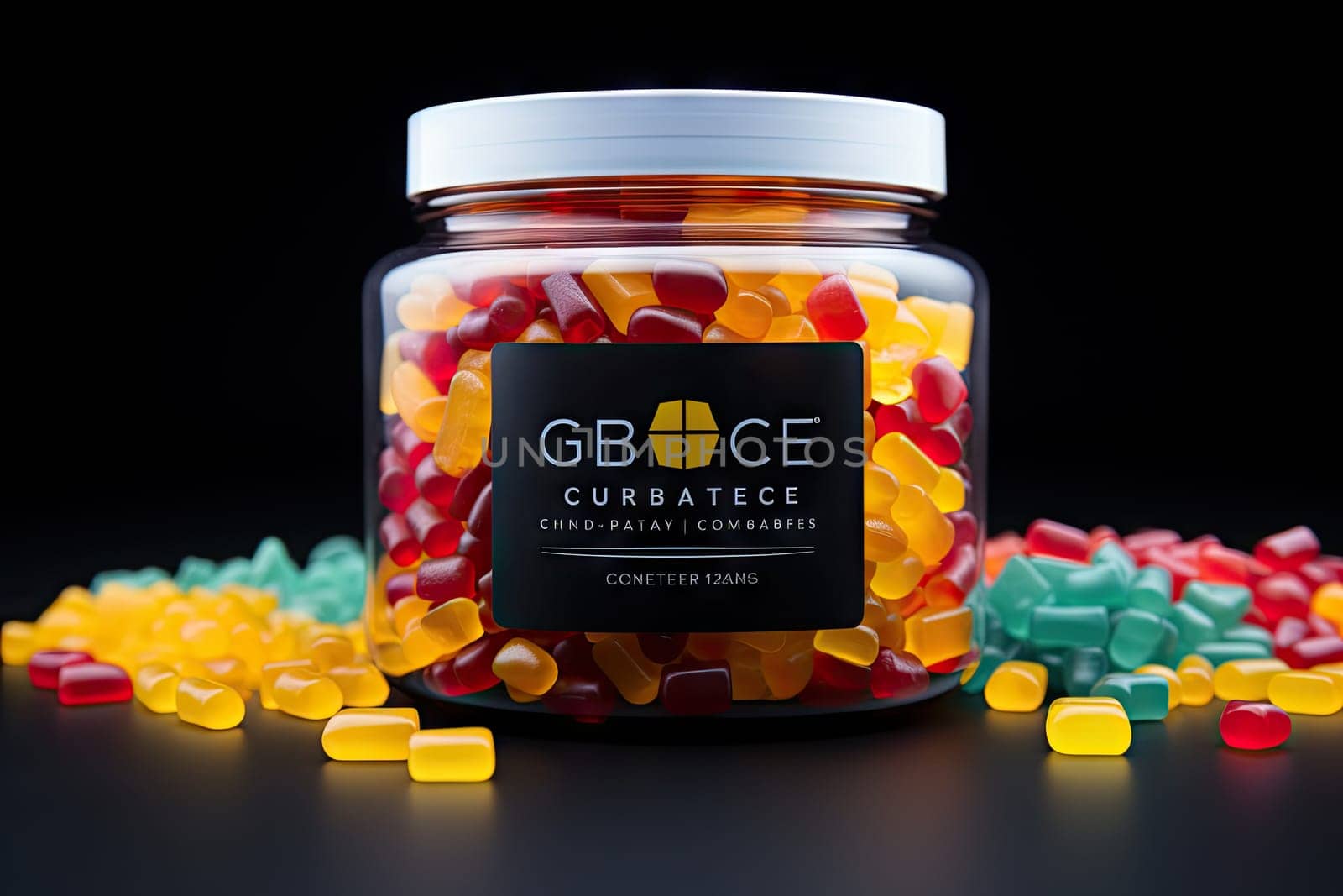 CBG Gummies. some gums and jelly beans in a glass jar on a black background with the word grace written across it