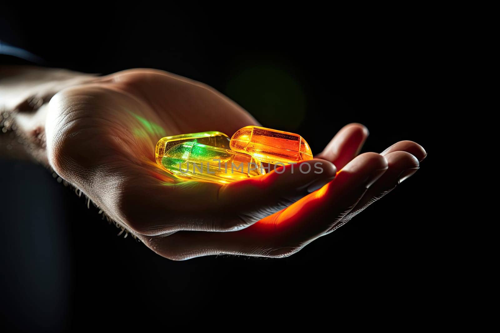 CBG Gummies. a person's hand holding an orange and green diamond in their palm, with the light shining through it