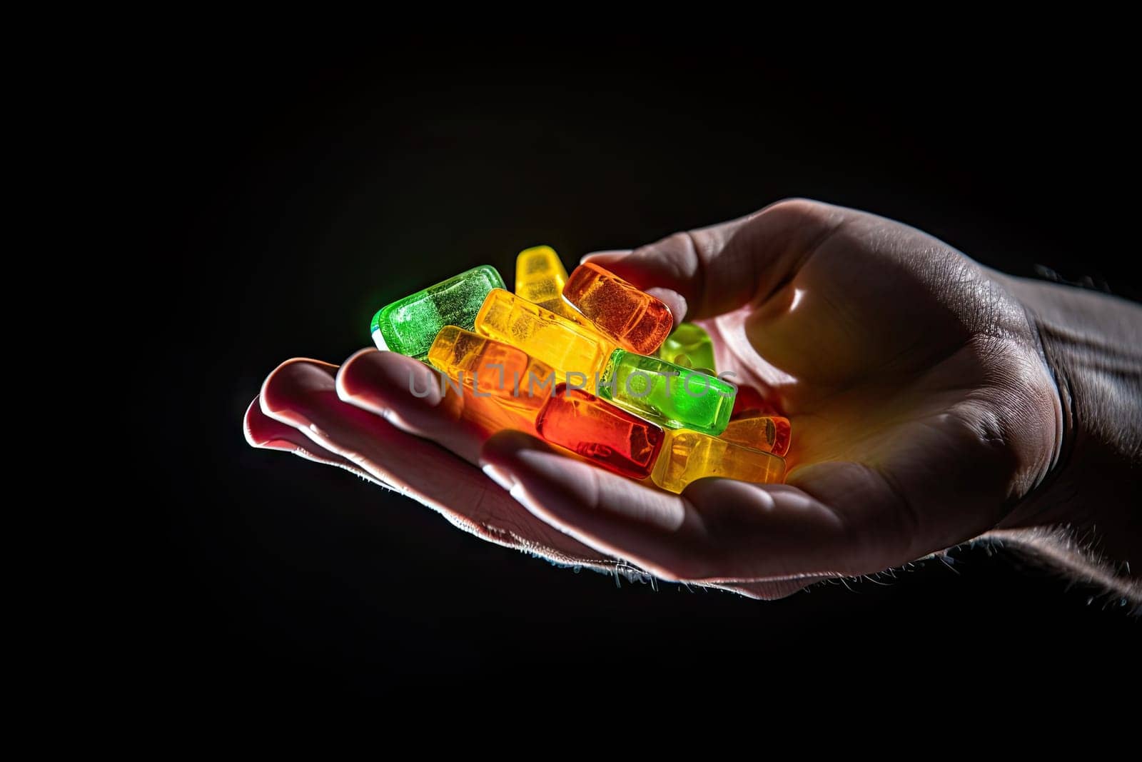 CBG Gummies. a person's hand holding several colored ice cubes in the image is on a black background and there are two fingers