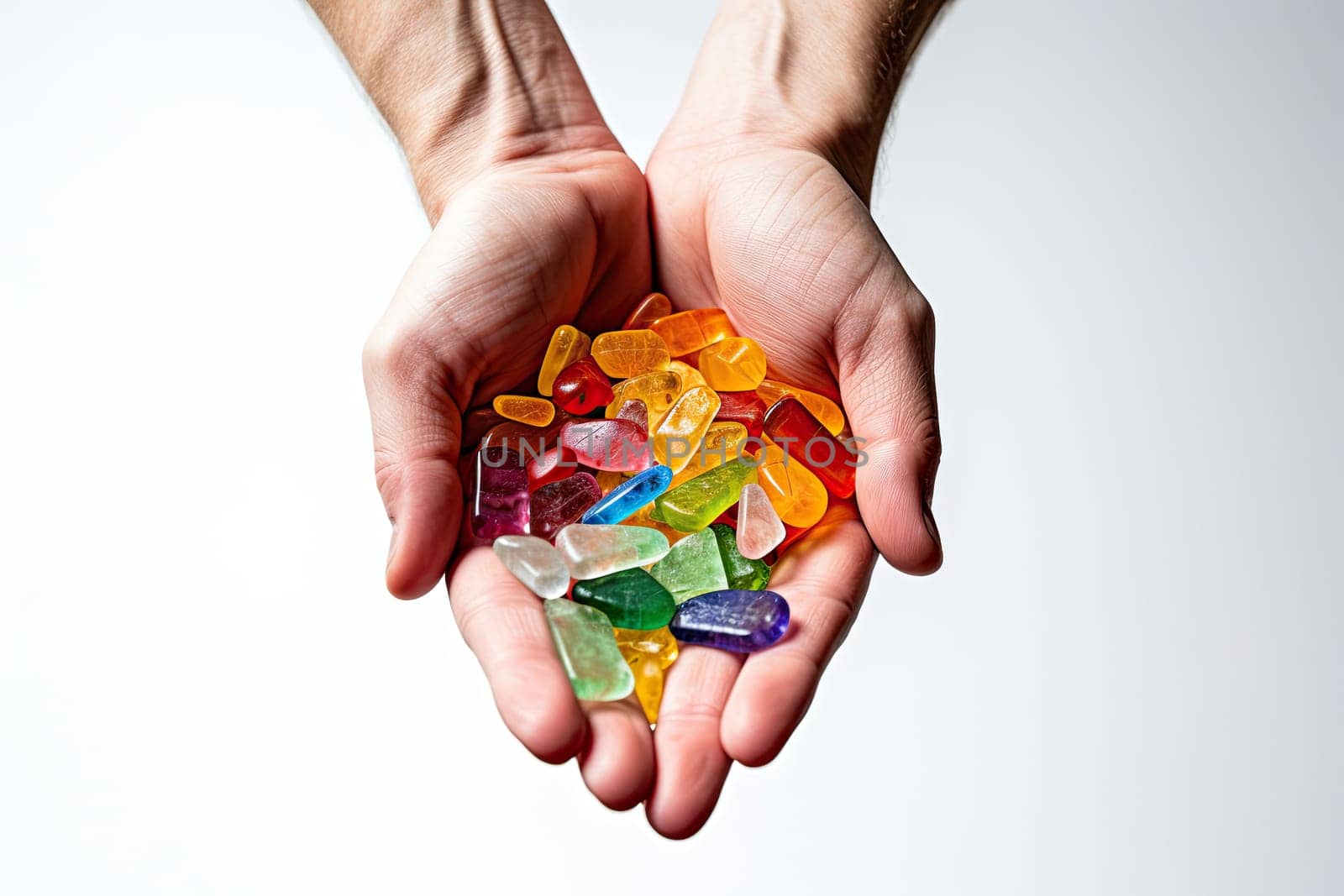 CBG Gummies. someone's hands holding a handful of gums in their left hand, on a white background with room for text