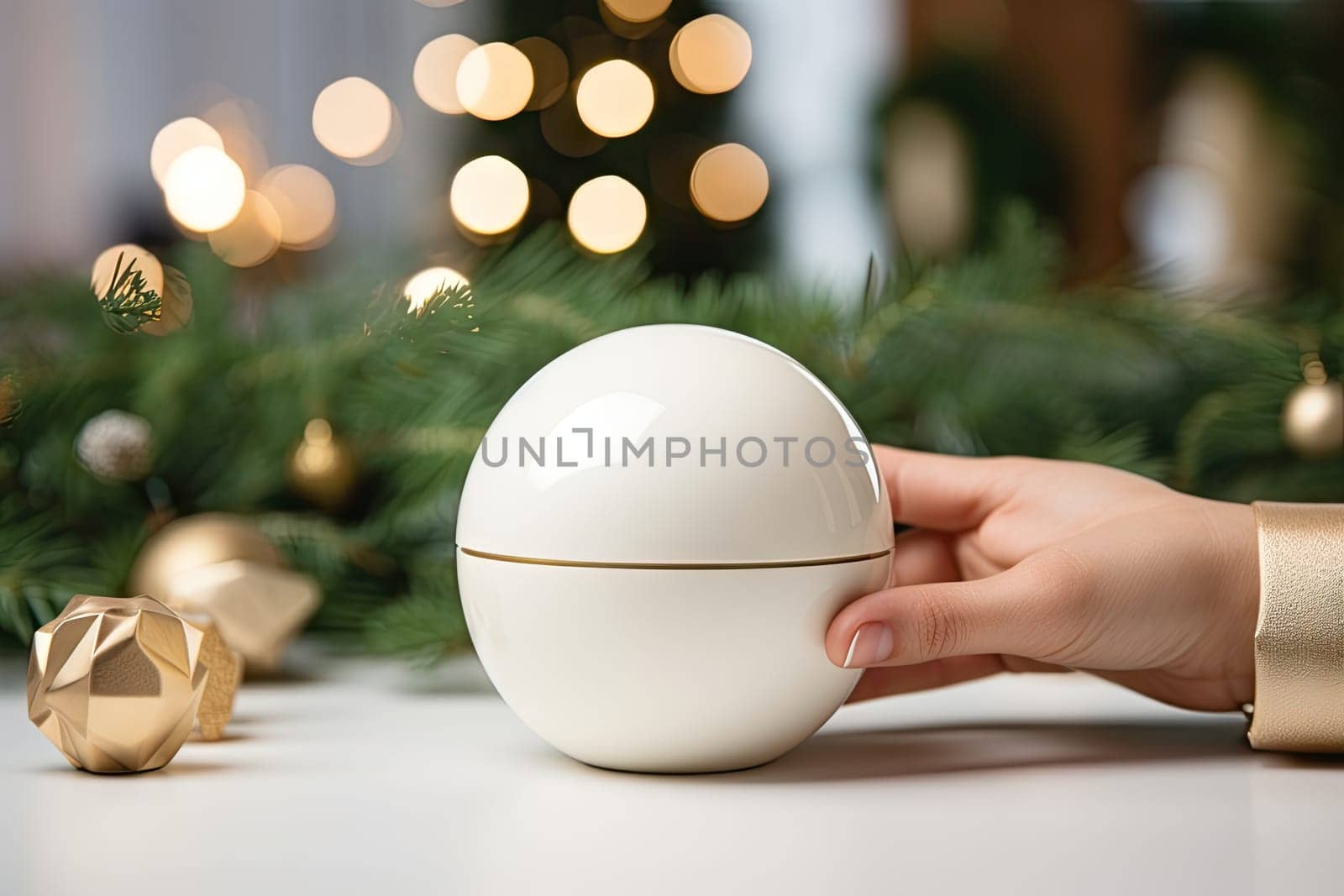 someone holding an egg in front of a christmas tree with gold ornaments and lights on the other one's side