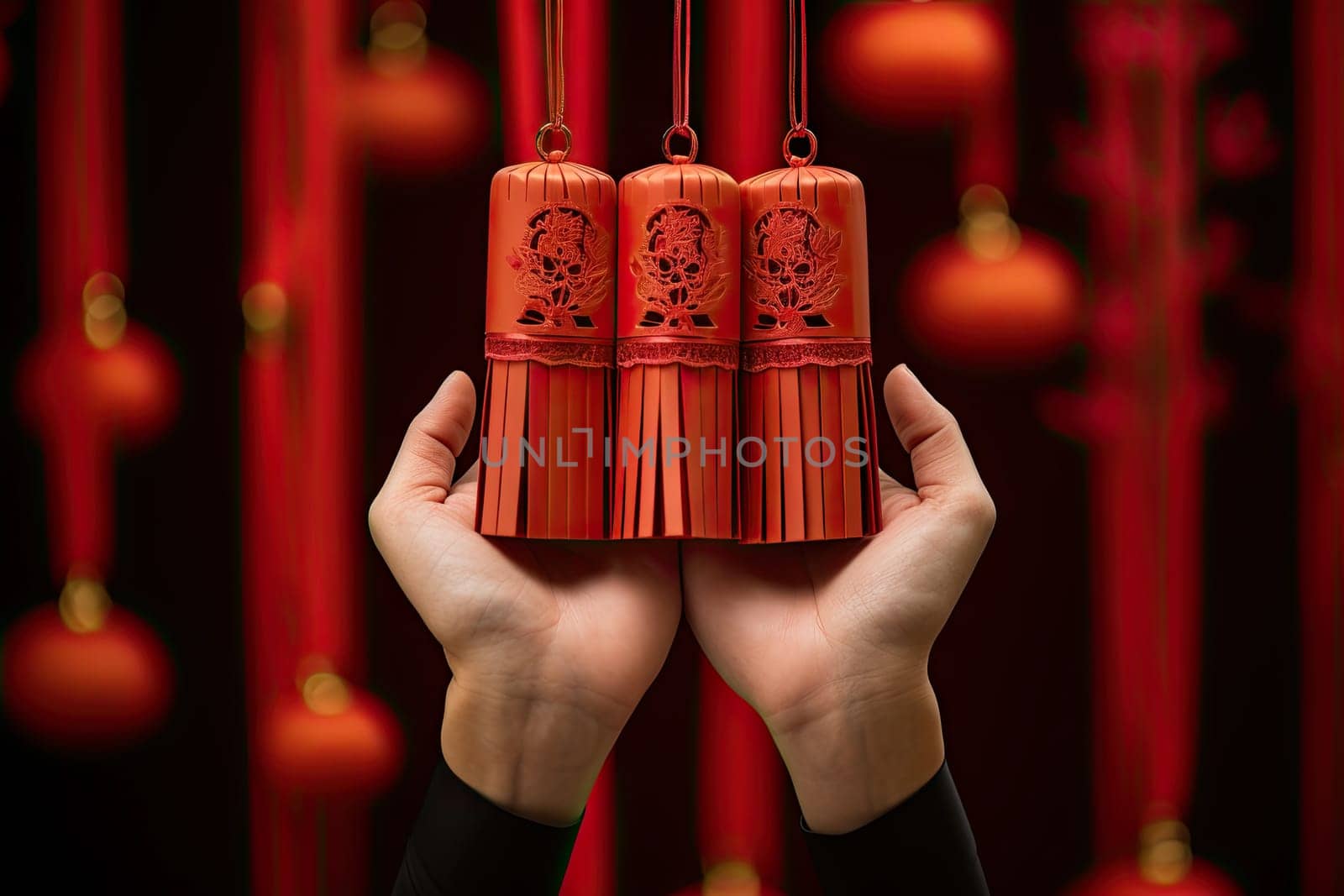 a person holding two bells in front of a red curtain with chinese lanterns hanging from the ceiling to the left