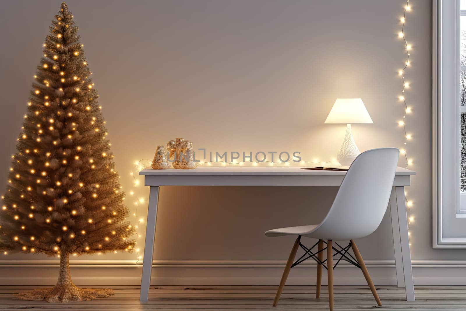 a christmas tree in the corner of a room next to a desk with a lamp on it and a white chair